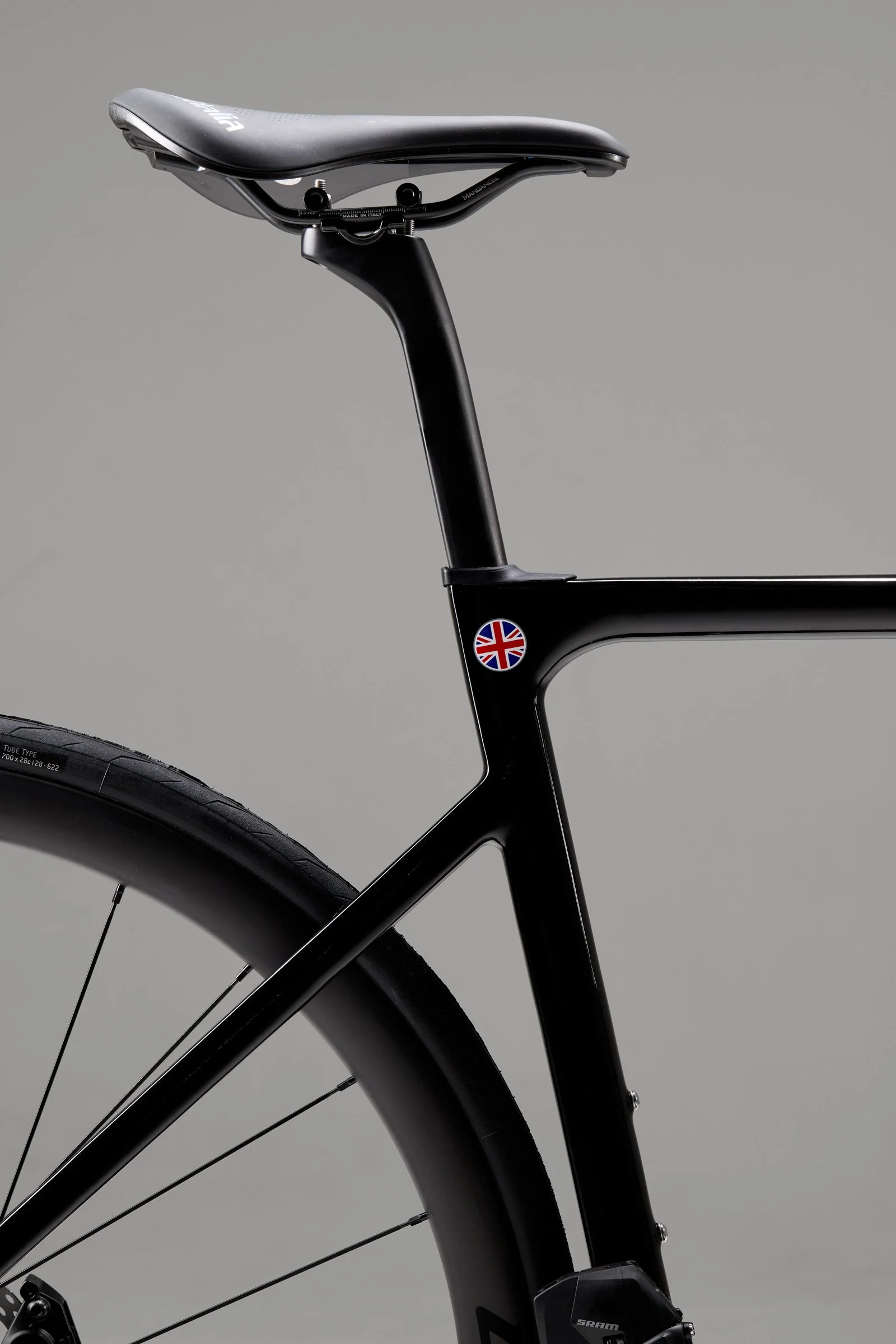 Close up of the top tube, seat tube and seat stay interface on the LIOS Bullet 5.56 endurance road bike.