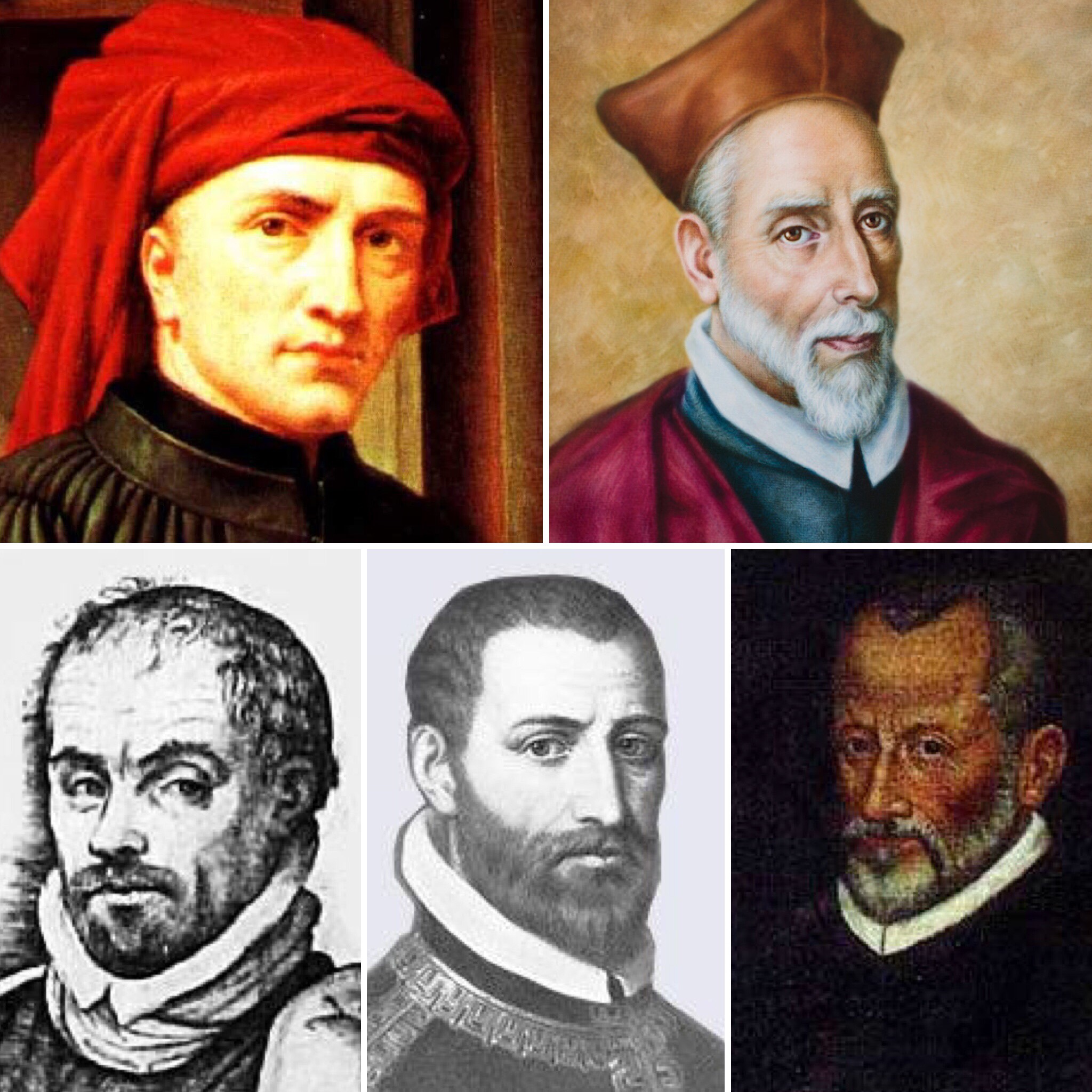 Some of the composers featured on the 'War and Peace' tour programme by The Tallis Scholars. Clockwise from top left: Josquin des Prez (c.1450/55-1521), Francisco Guerrero (1528-1599), Giovanni Pierluigi da Palestrina (1525-1594), Tomás Luis de Victoria (c.1548-1611), Alonso Lobo (1555-1617).
