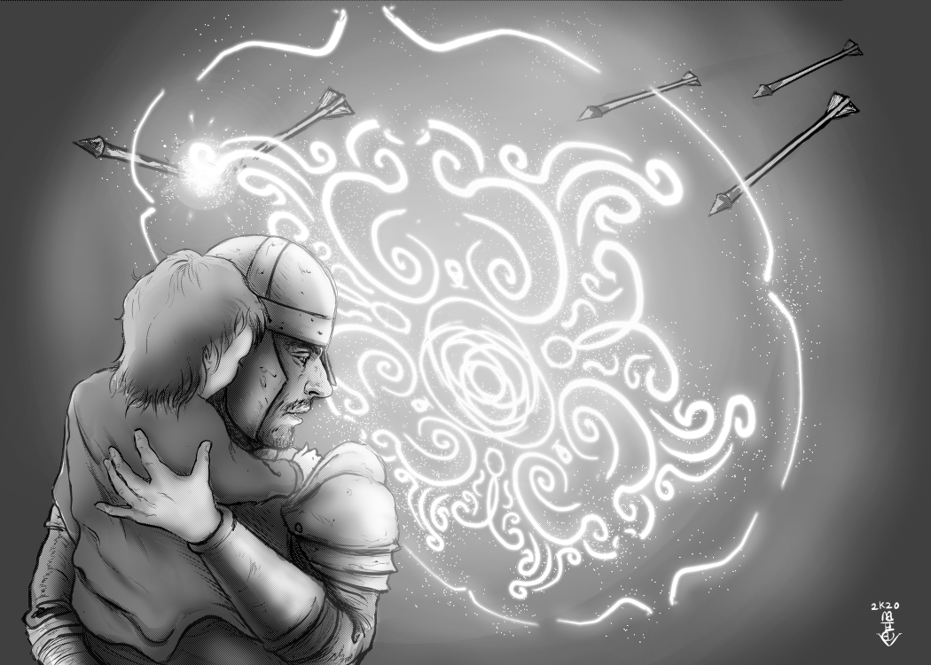 A black and white illustration of a person holding a child, with swirling magical or cosmic patterns and arrows surrounding them.