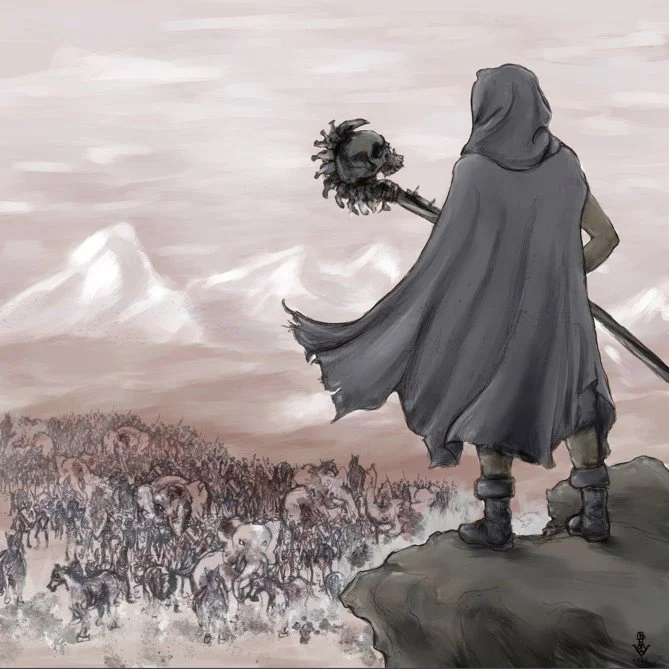 A lone necromancer dressed in a dark cloak and hood stands on a rocky outcrop, holding a staff with a skull attached, overlooking a vast army of undead soldiers, horses, and war elephants in a cloudy, mountainous landscape.