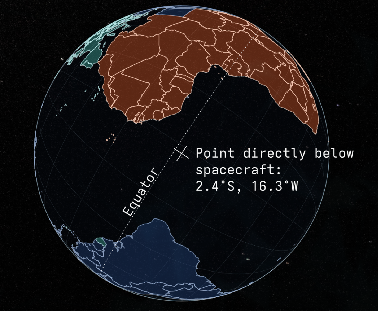 Estimated orientation of Earth underneath spacecraft, with continents and equator shown