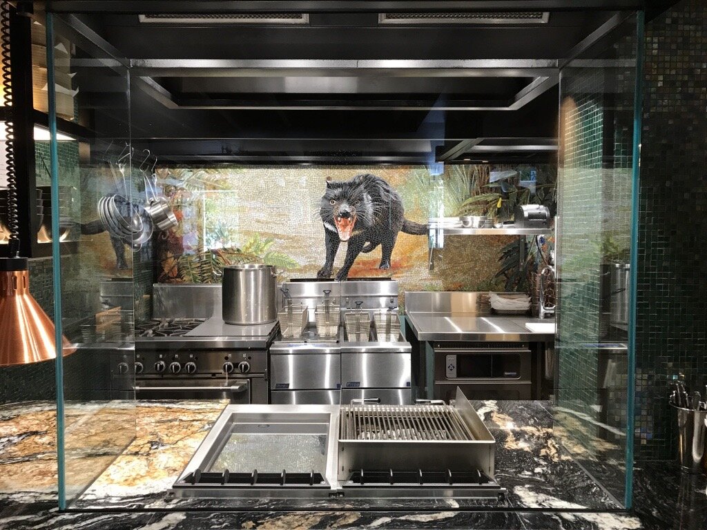 Tasmanian Devil feature custom glass mosaic kitchen wall