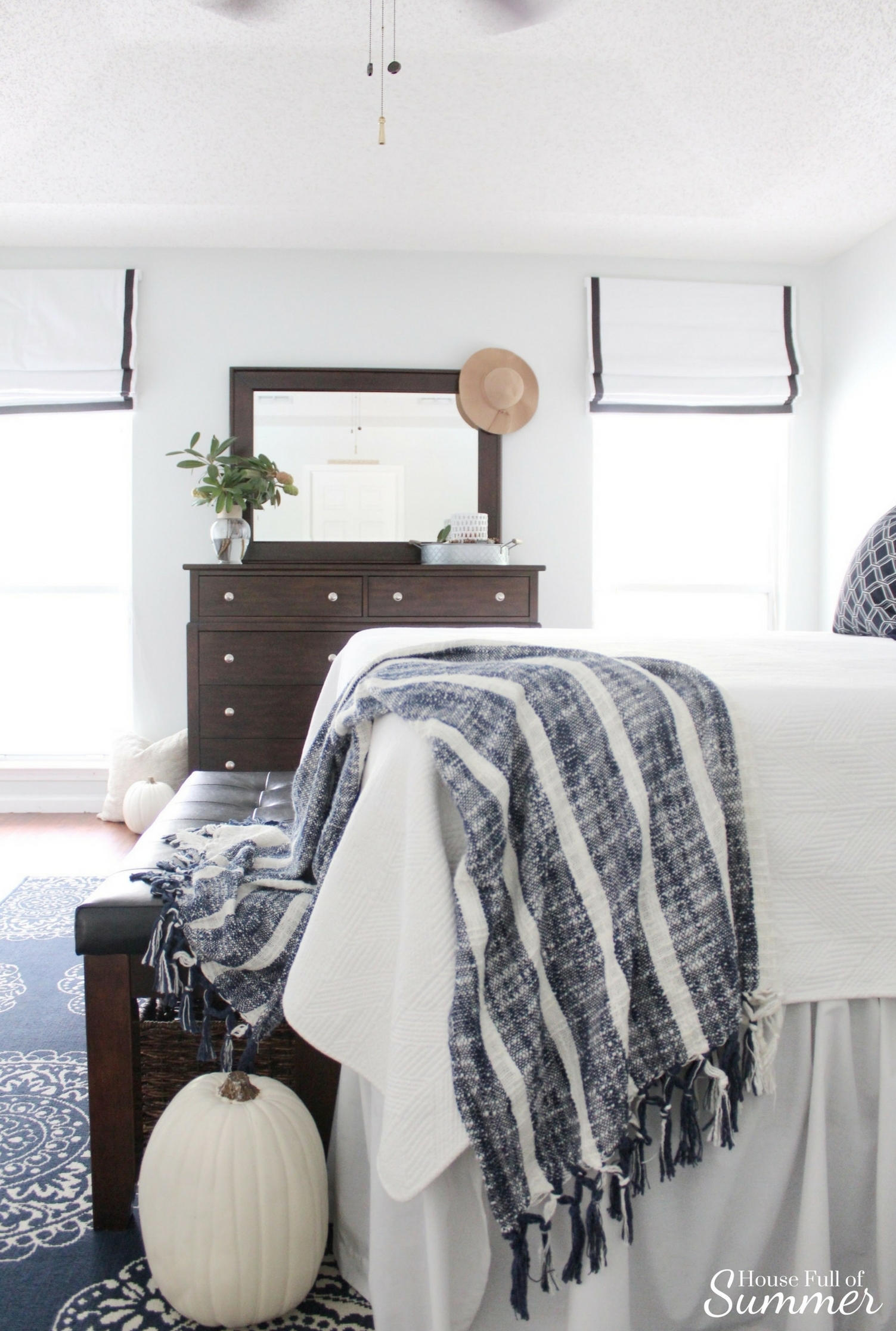 House Full of Summer: Fall Home Tour Blog Hop - Cozy, Coastal, Chic Master Bedroom decor, decorating on a budget, fall decor ideas, coastal bedroom ideas, tray styling, diy fall decor, roman shades, pottery barn style, blue and white bedroom decor, navy and white, navy rug, indoor/outdoor area rug, fall styling, nautical decor