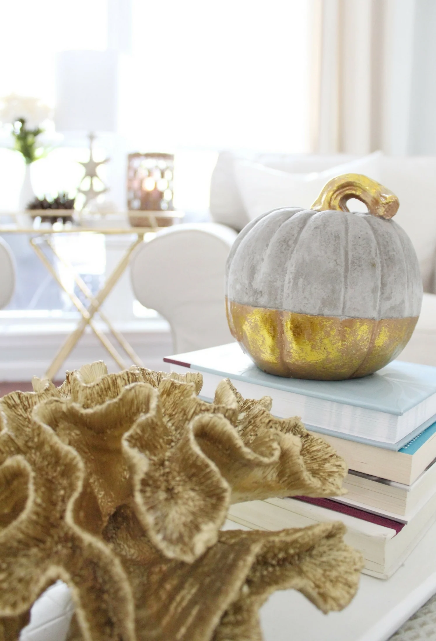 House Full of Summer: Fall Home Tour Blog Hop - Cozy, Coastal, Chic Living Room fall decorating ideas. Neutral interior, living room decor, gold dipped pumpkin, gold coral, living room ideas,