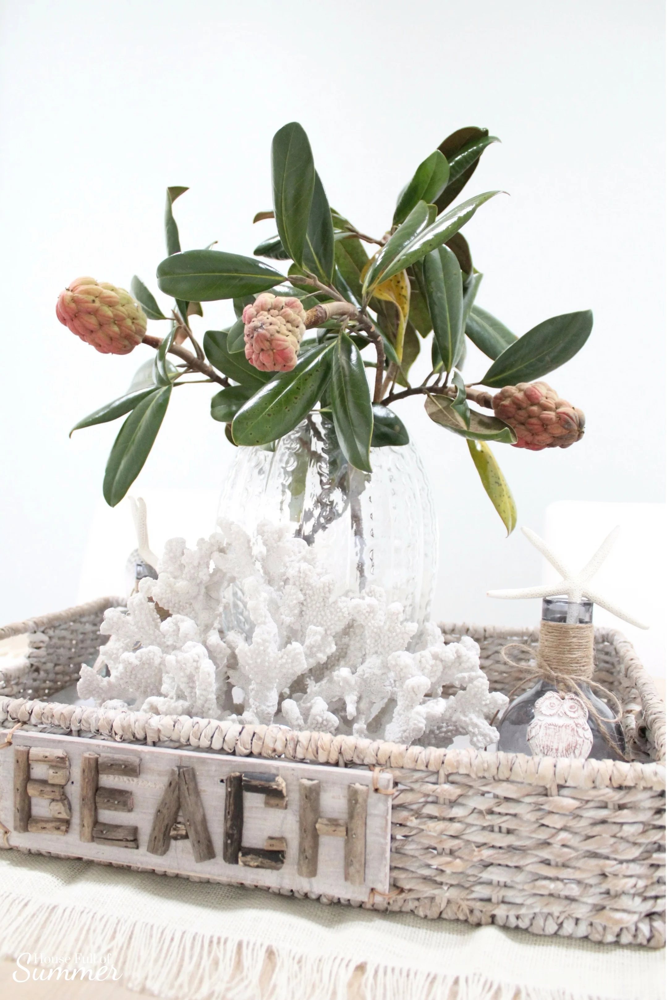 House Full of Summer: Fall Home Tour Blog Hop - Cozy, Coastal, Chic Dining Room, beachy decor, coral, starfish, tray styling ideas, table decor, diy ideas, decorating on a budget, southern living