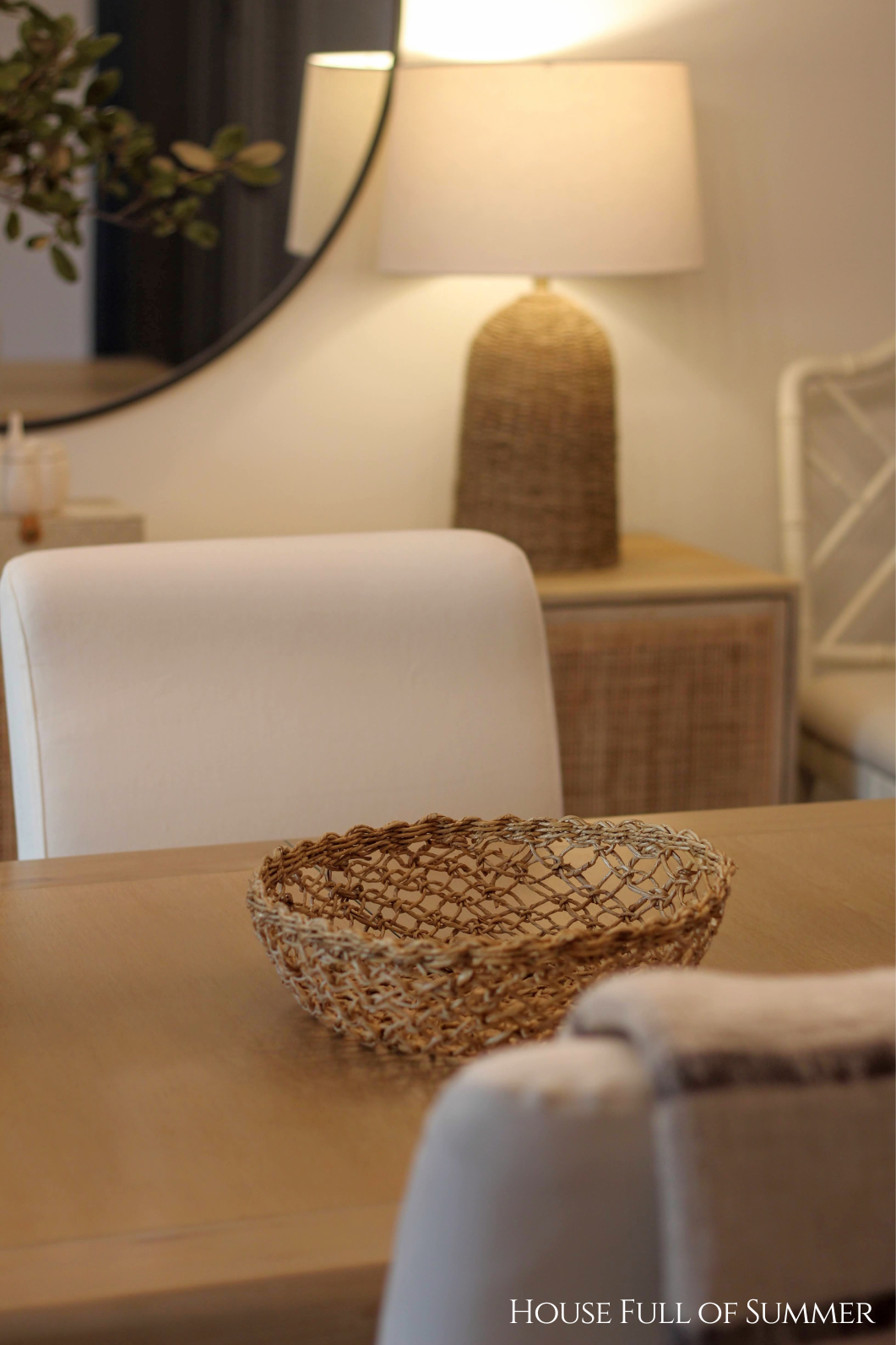  As the sun sets, I use this woven table lamp for some cozy ambience. 