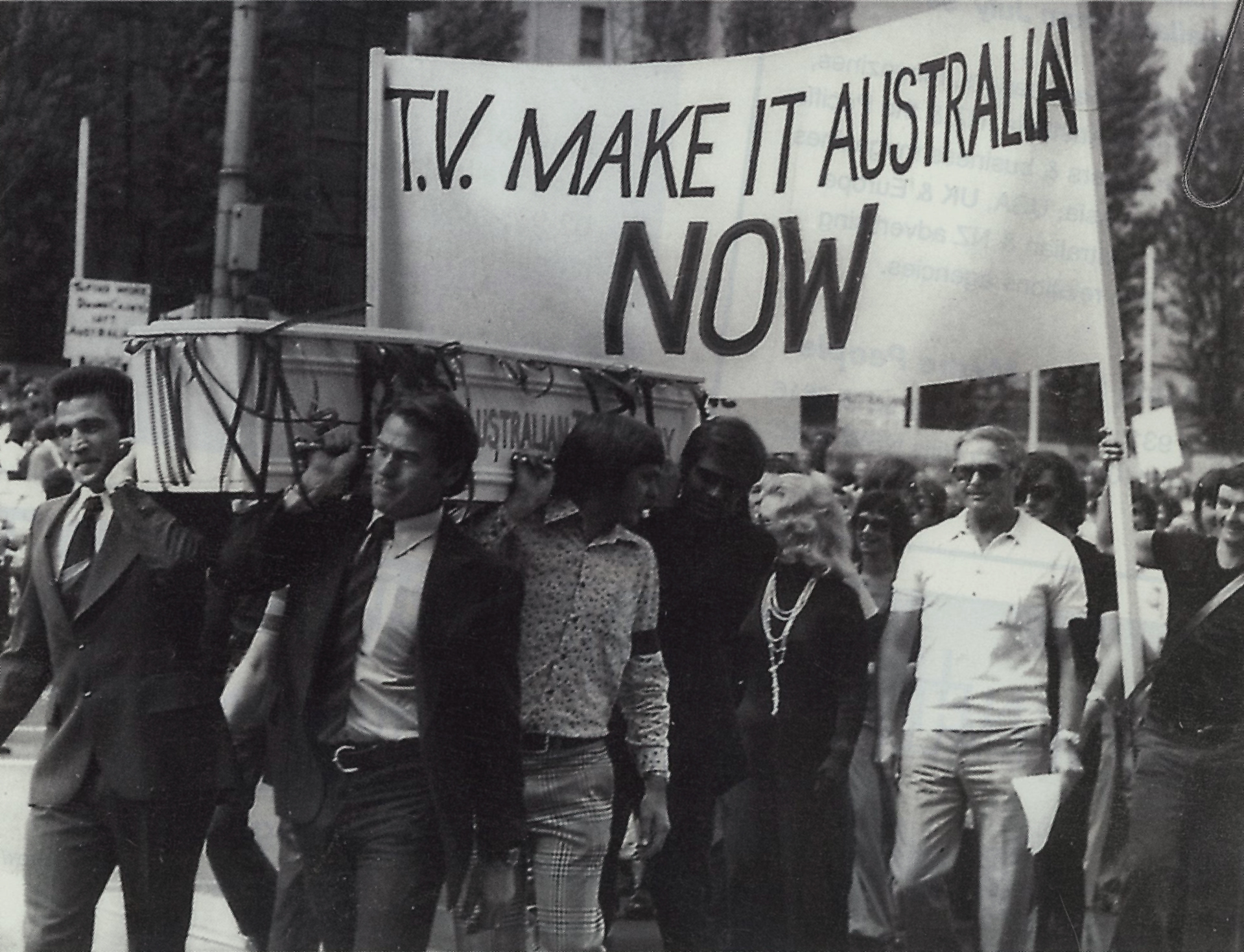 Australian actors, including cast members of Homicide and Division 4 march through the centre of Melbourne in 1970 to demand local content quotas. 