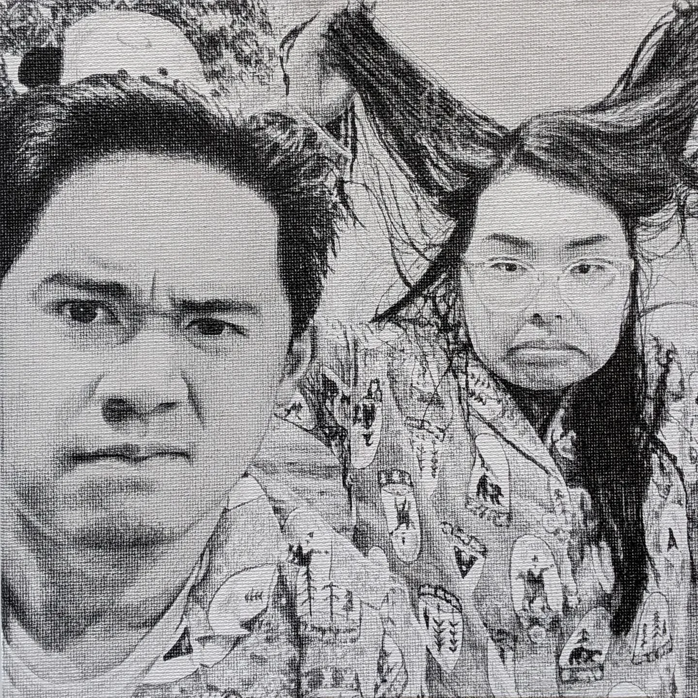 I love the faces in this one, but drawing the wildness of the hair was the most fun. Also, Kim was more off to the side in the photo, so I had to move her in closer to keep them in a square frame. I'm proud of how that turned out too. But yeah, fun v