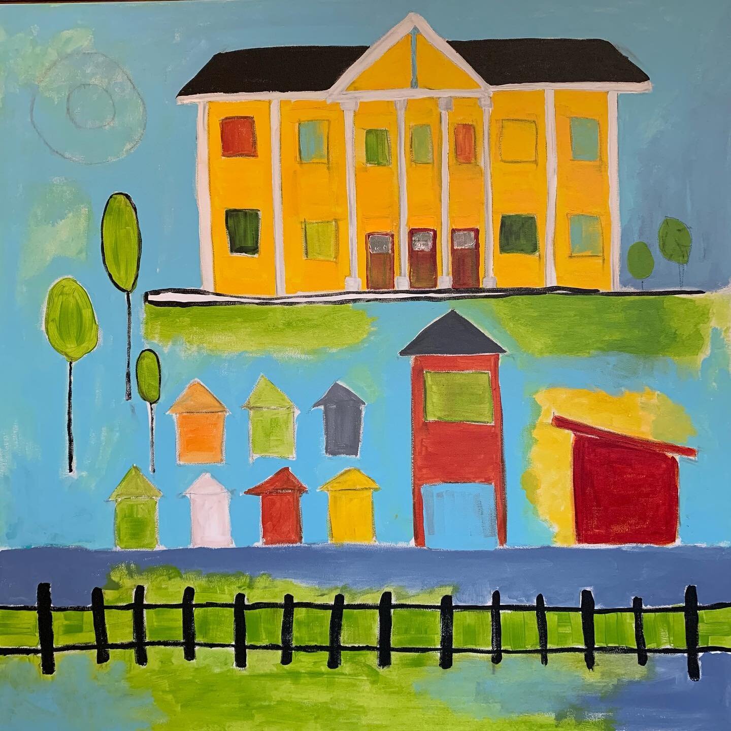 A painting inspired by my grandchildren&rsquo;s drawings. It&rsquo;s much more difficult than it would seem to let go and create without rules or judgements. This image portrays elements of our hometown #fortlangley 

#painting #art #create #number52