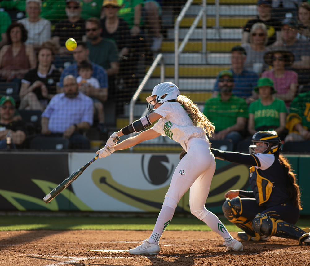  University of Oregon center fielder Haley Cruse connects with a foul ball Thursday, April 18, 2019 at Jane Sanders Stadium in Eugene. The Ducks beat the UC Berkeley Golden Bears in a single-run performance at home, 1-0. 