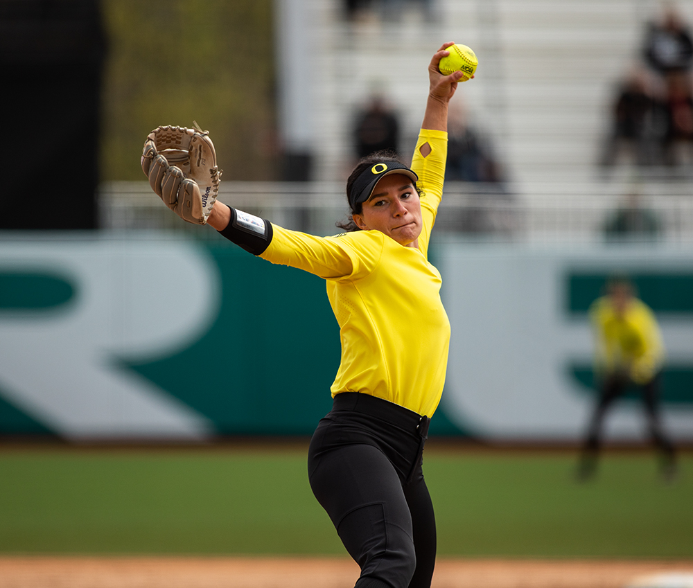 University of Oregon pitcher Jordan Dail winds up during game three in a series against UC Berkeley Saturday, April 20, 2019, at Jane Sanders Stadium in Eugene. The Ducks lost 3-5 to the Golden Bears, but won two out of three games in the series.