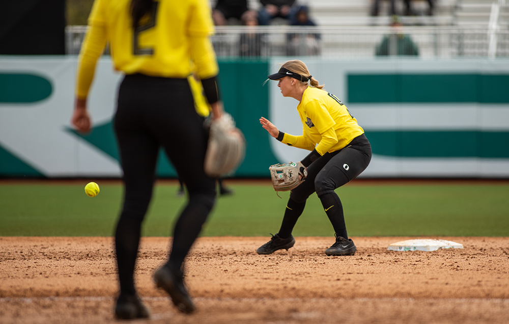  University of Oregon shortstop Jasmine Sievers receives the ball from the outfield during game three in a series against UC Berkeley Saturday, April 20, 2019, at Jane Sanders Stadium in Eugene. The Ducks lost 3-5, but won two out of three games in t