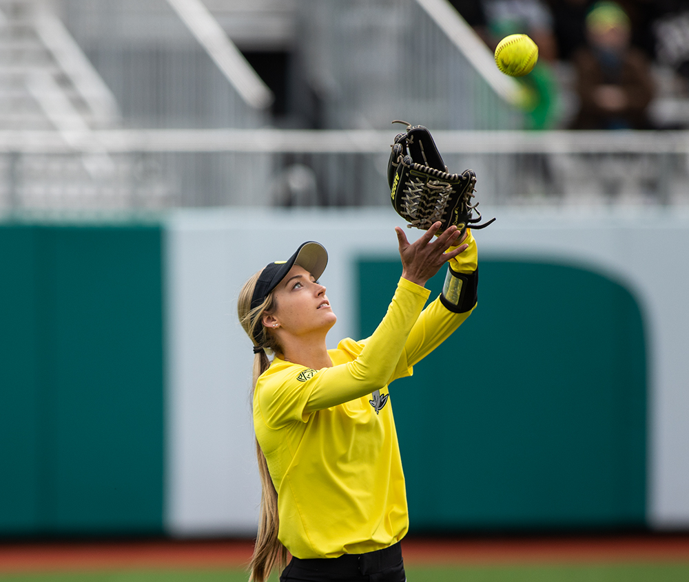  University of Oregon center fielder Haley Cruse catches a pop fly off of Cal's Amani Bradley during game three in a series against UC Berkeley Saturday, April 20, 2019, at Jane Sanders Stadium in Eugene. The Ducks lost 3-5, but won two out of three 