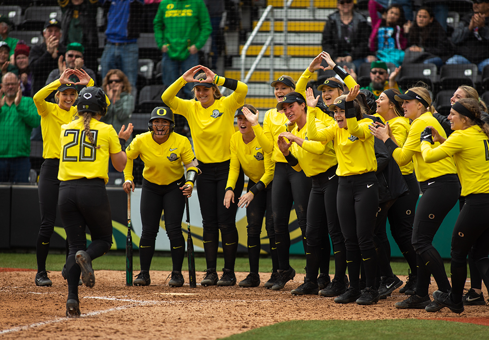  University of Oregon catcher Shaye Bowden jogs home after hitting a home run during game three in a series against UC Berkeley Saturday, April 20, 2019, at Jane Sanders Stadium in Eugene. The Ducks lost 3-5, but won two out of three games in the ser