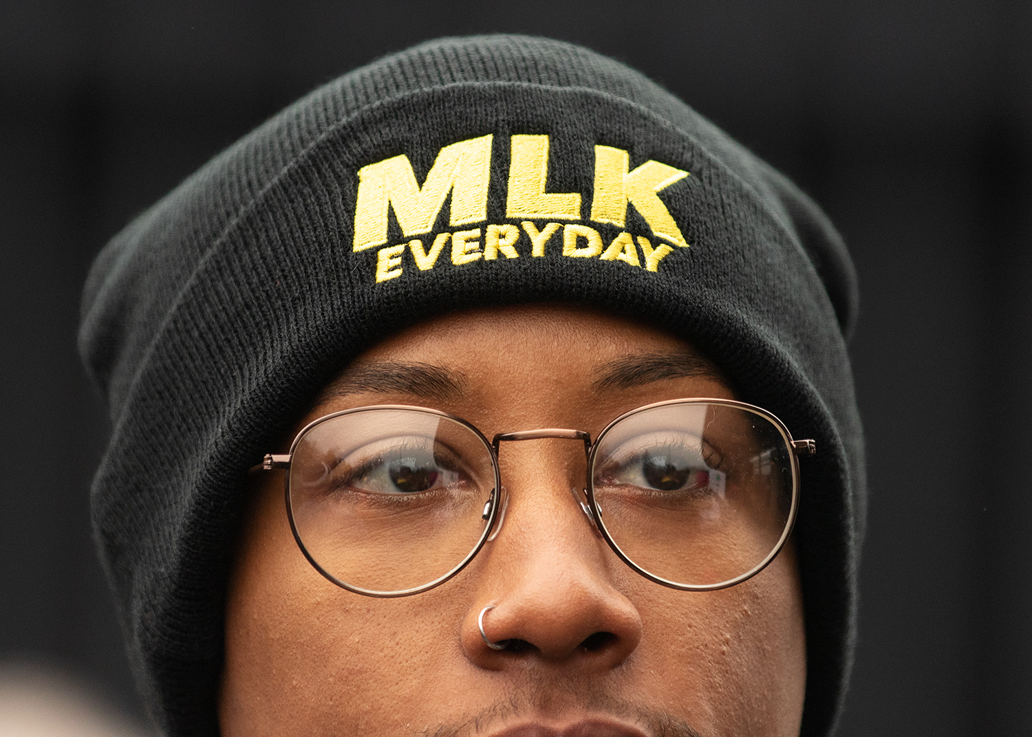  Tre’von Robinson, a University of Oregon student from Long Beach, Calif., listens as speakers address a crowd during a Martin Luther King Jr. rally outside Autzen Stadium Monday, Jan. 21, 2019, in Eugene. “Seeing all these people together is powerfu
