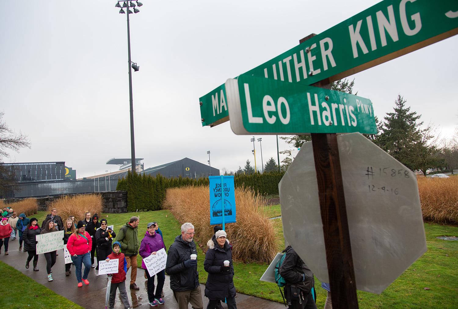  People file past Autzen Stadium during a Martin Luther King Jr. march Monday, Jan. 21, in Eugene. More than 200 attended a rally, then marched nearly 2 miles downtown to the Shedd Institute. 