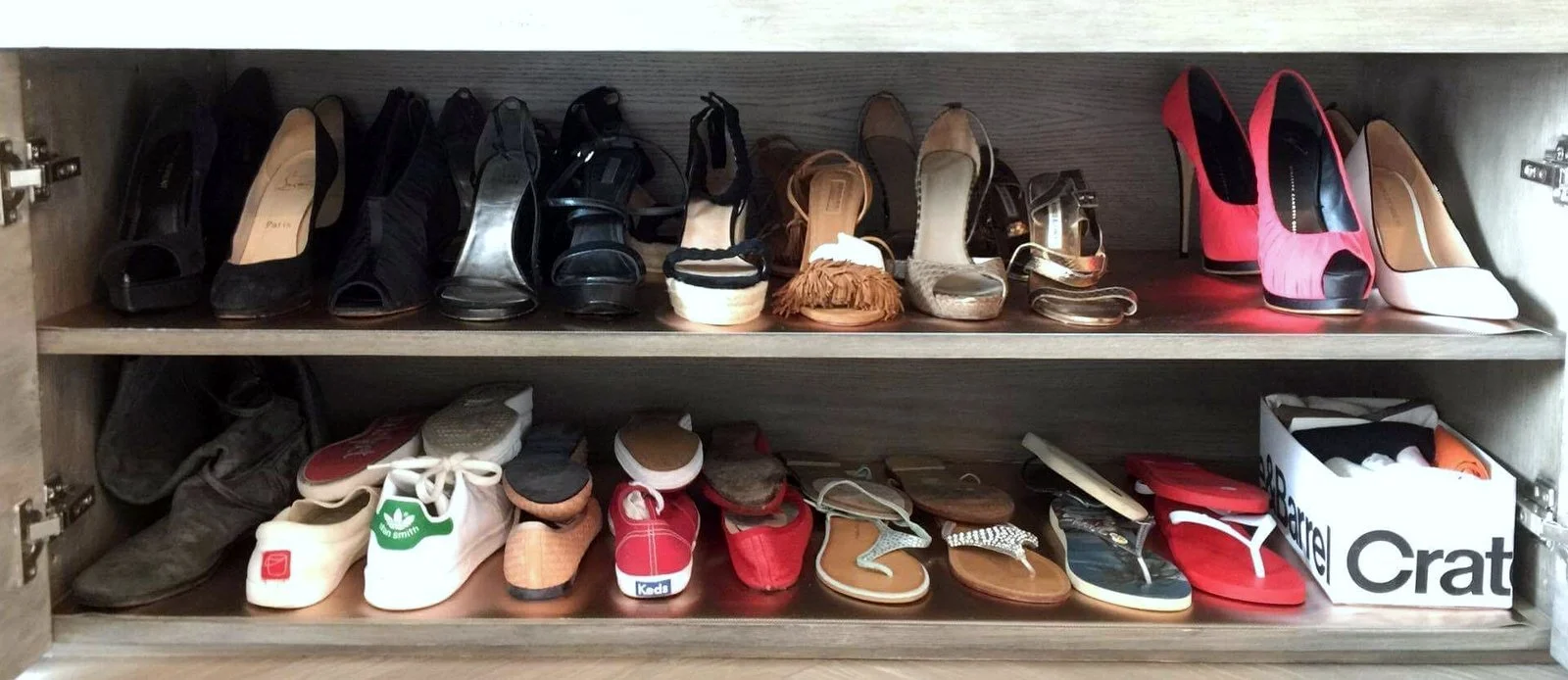 It’s important to keep the shoe bags with the shoes, so that it’s easy to find them when packing shoes for trips. We folded the shoe bags following the Kon Mari Method, and placed them in a clean box, that she already had.