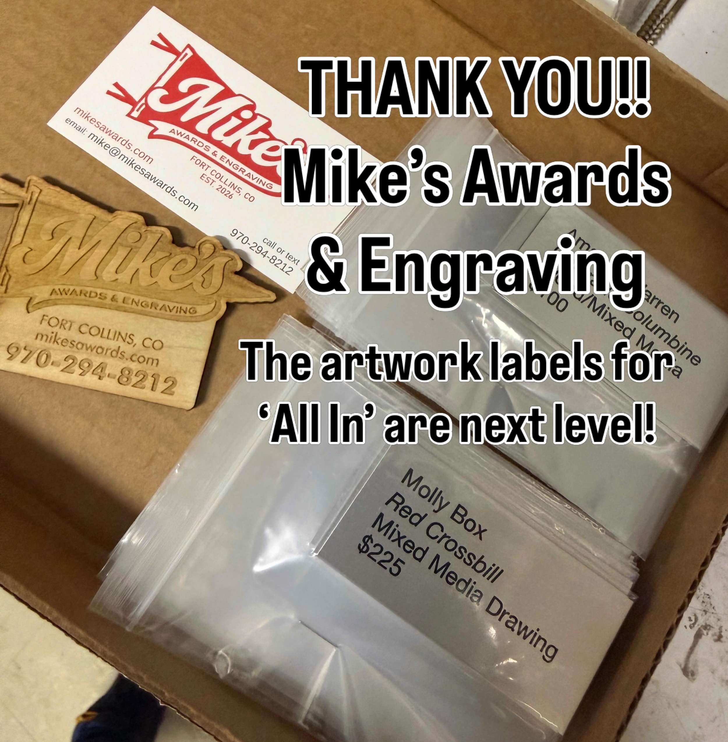 Mike&rsquo;s Awards and Engravings donated the artwork labels for &lsquo;All In&rsquo;. They truly elevate the show. 
Come see Mike&rsquo;s beautiful painting and 🔥labels along with 30 other artists work at Cornerstone Gallery at the Masonic Event C