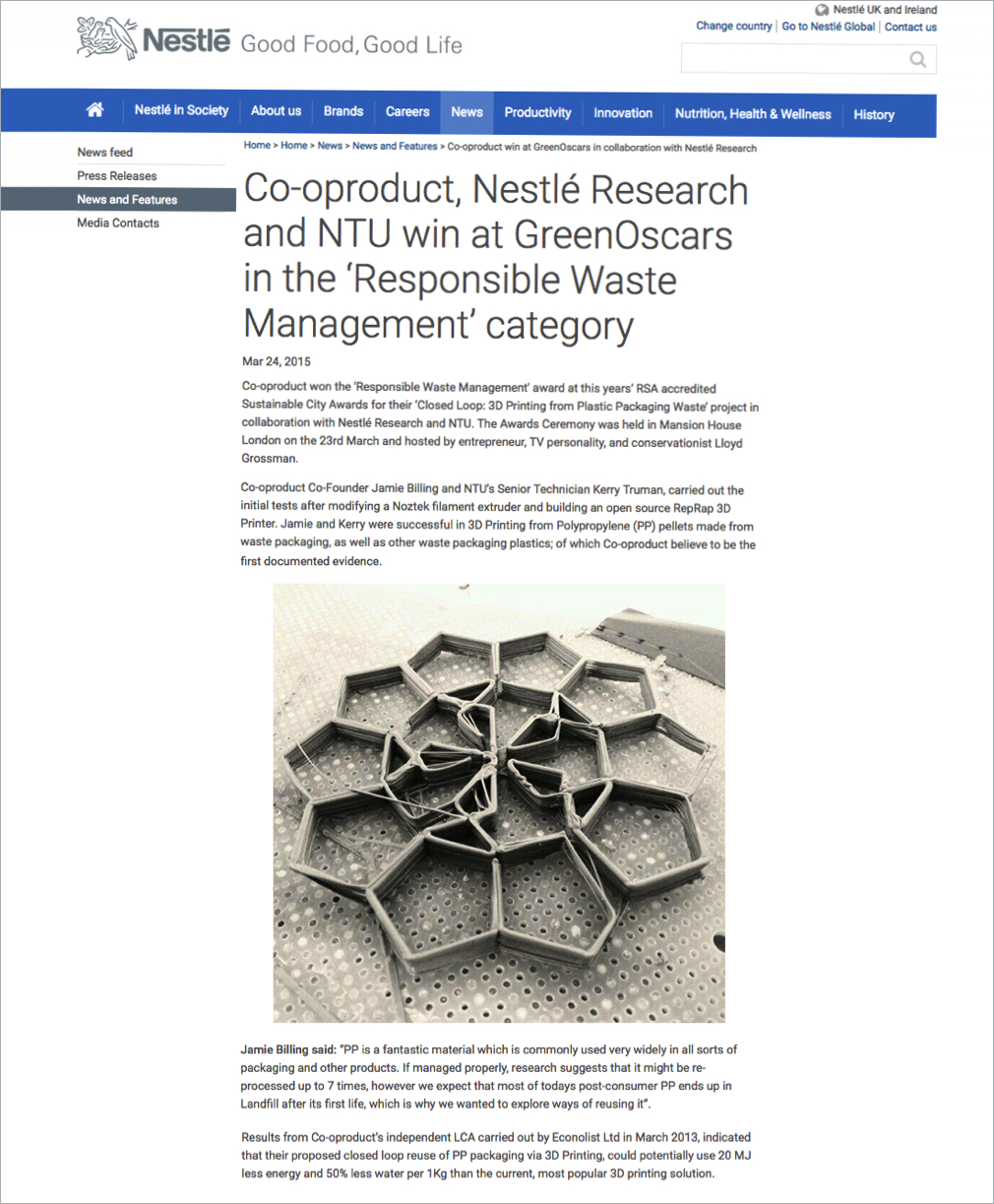 Above: Co-oproduct wins the London Sustainable City Awards 2015 for it's cutting edge 3D printing from plastic waste project.