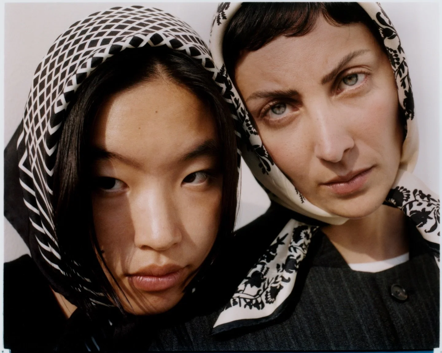 Minimal Illusion silk scarf 68 Black.
Lace Tapestry silk scarf 68 Chalk.
Photographed on film by @anyokolie