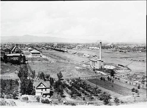 Missoula, Montana and the northern portion of The University of Montana campus from Mount Sentinel. The Power Plant, Prescott house and garden is visible at the base of Mount Sentinel, 1922. Photo courtesy of Archives and Special Collections at the University of Montana, Maureen and Mike Mansfield Library