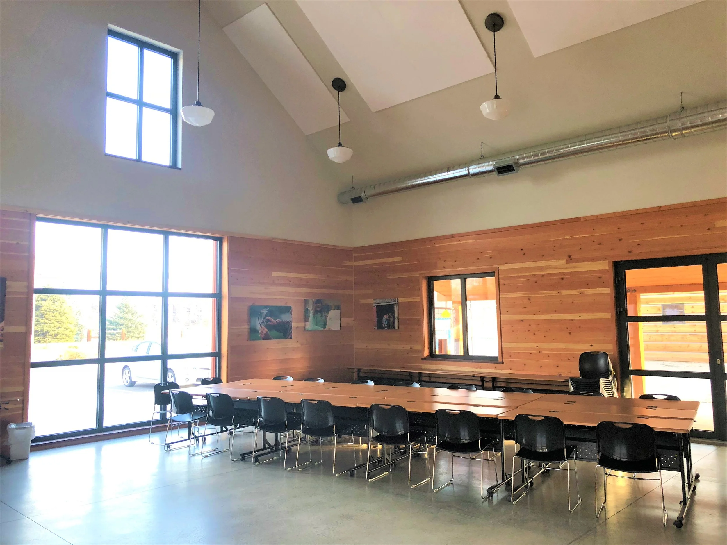 Sustainable design allows for ample natural light in the main room.