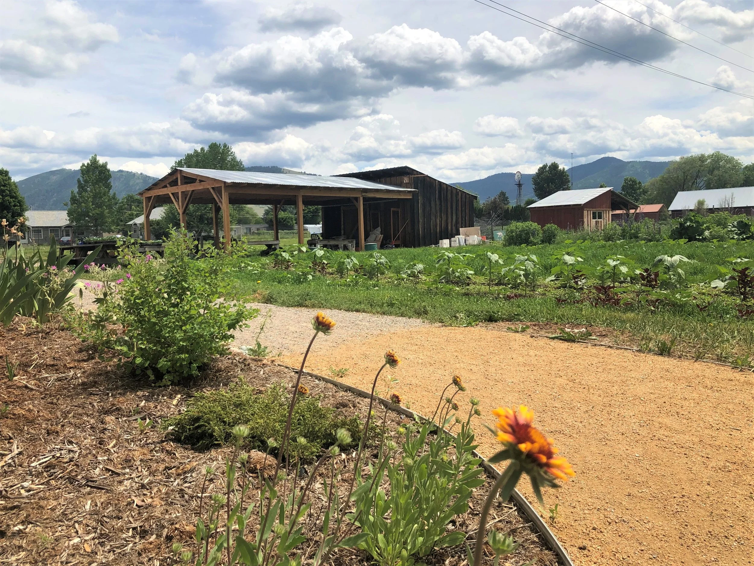 Native garden pathways with River Road Farm views.