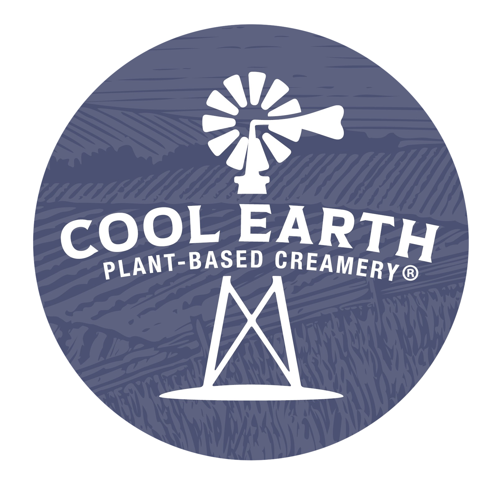 Cool Earth Creamery logo, white text with company name on blue background of fields with windmill