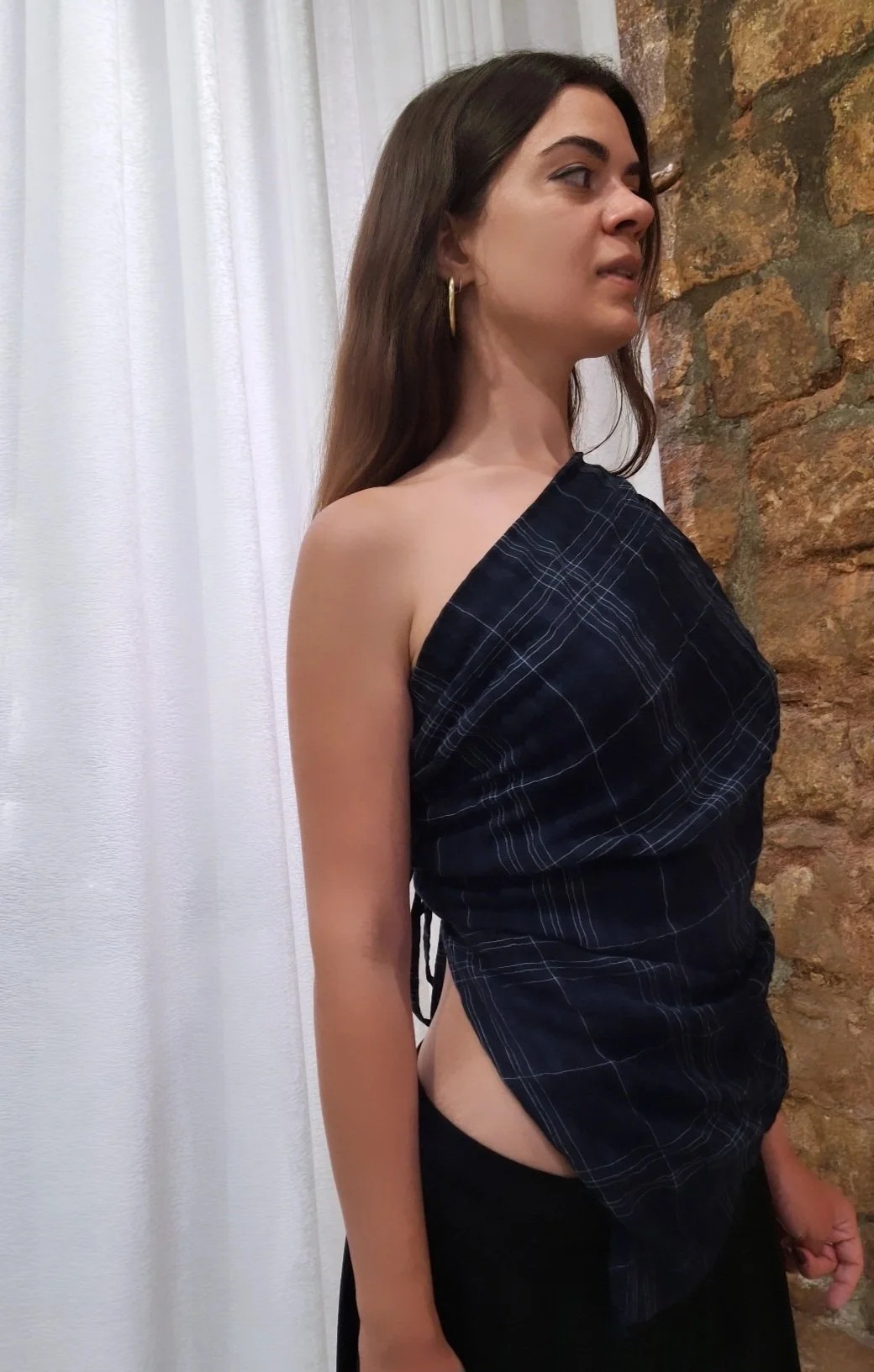 Deep Blue One Shoulder Drape Top.