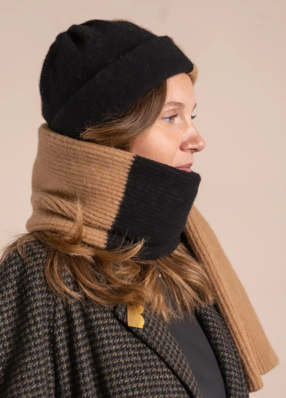 Colour Block Blanket Scarf - Black + Fudge