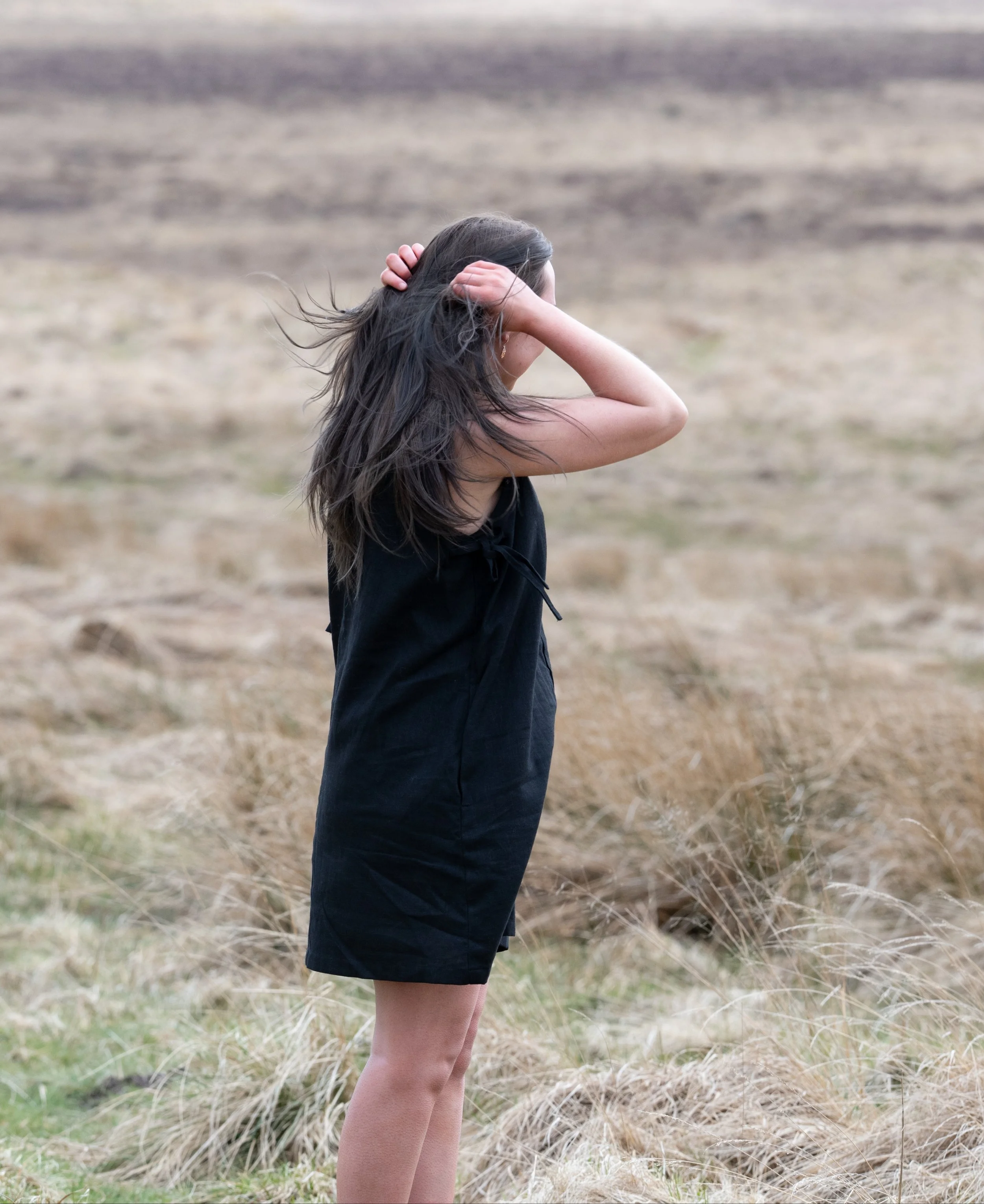 Size S. Ribbon Tie A Line Dress in Black Bio Linen.