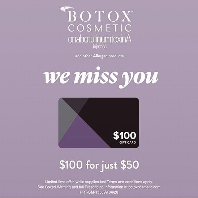 | BOTOX Cosmetic |

@botoxcosmetic and @juvederm are spoiling us once again! Use the link below to take advantage of $100 Botox, Juvederm or Kybella Boucher for only $50. You can purchase up to FOUR of them ↴ ↴ ↴ 
http://bdme.co/giftcard (( this is n