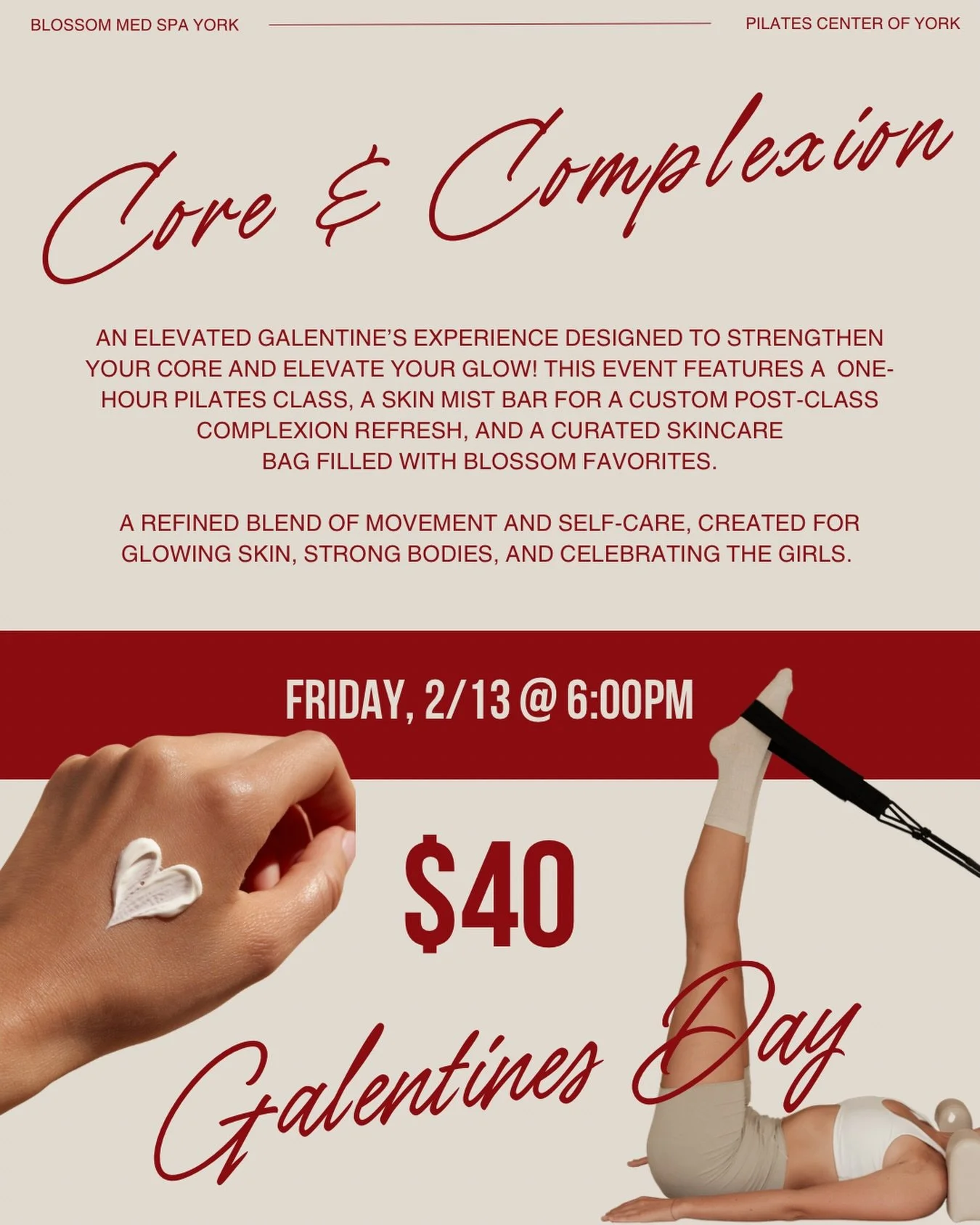 Galentines x Blossom ❤️&zwj;🔥

Join us for Core &amp; Complexion, an elevated Galentine&rsquo;s experience with @blossom_med_spa_york &times; @pilatescenterofyork . Enjoy a one hour Pilates class, a custom post-class skin mist bar, and a curated ski