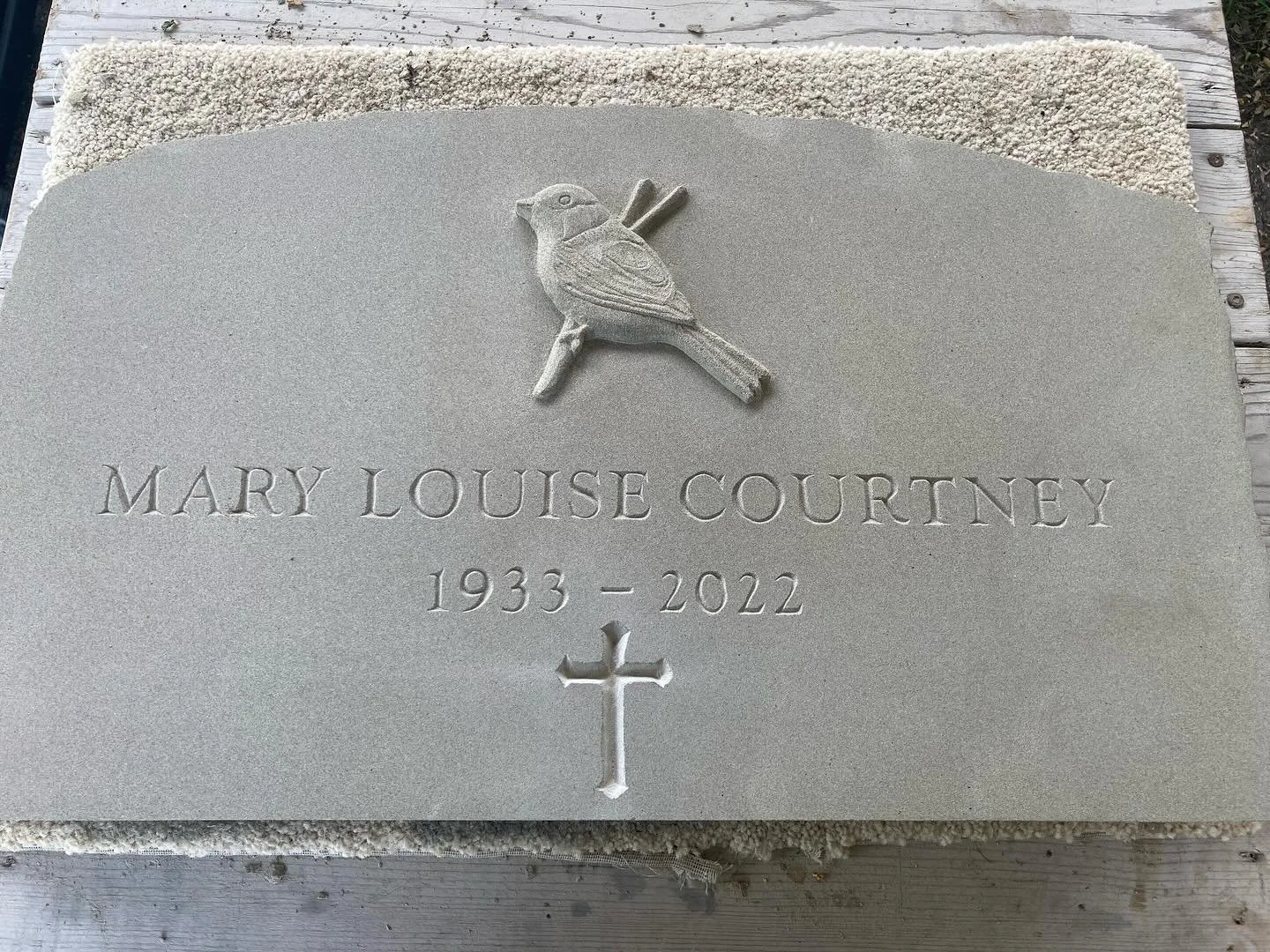 Tablet memorial ready for installation at a cemetery in Halifax. #chickadee #basreliefsculpture #basrelief #wallacequarries #sandstone #tabletmemorials #headstone #handcarved #stonelettering #bespoke
