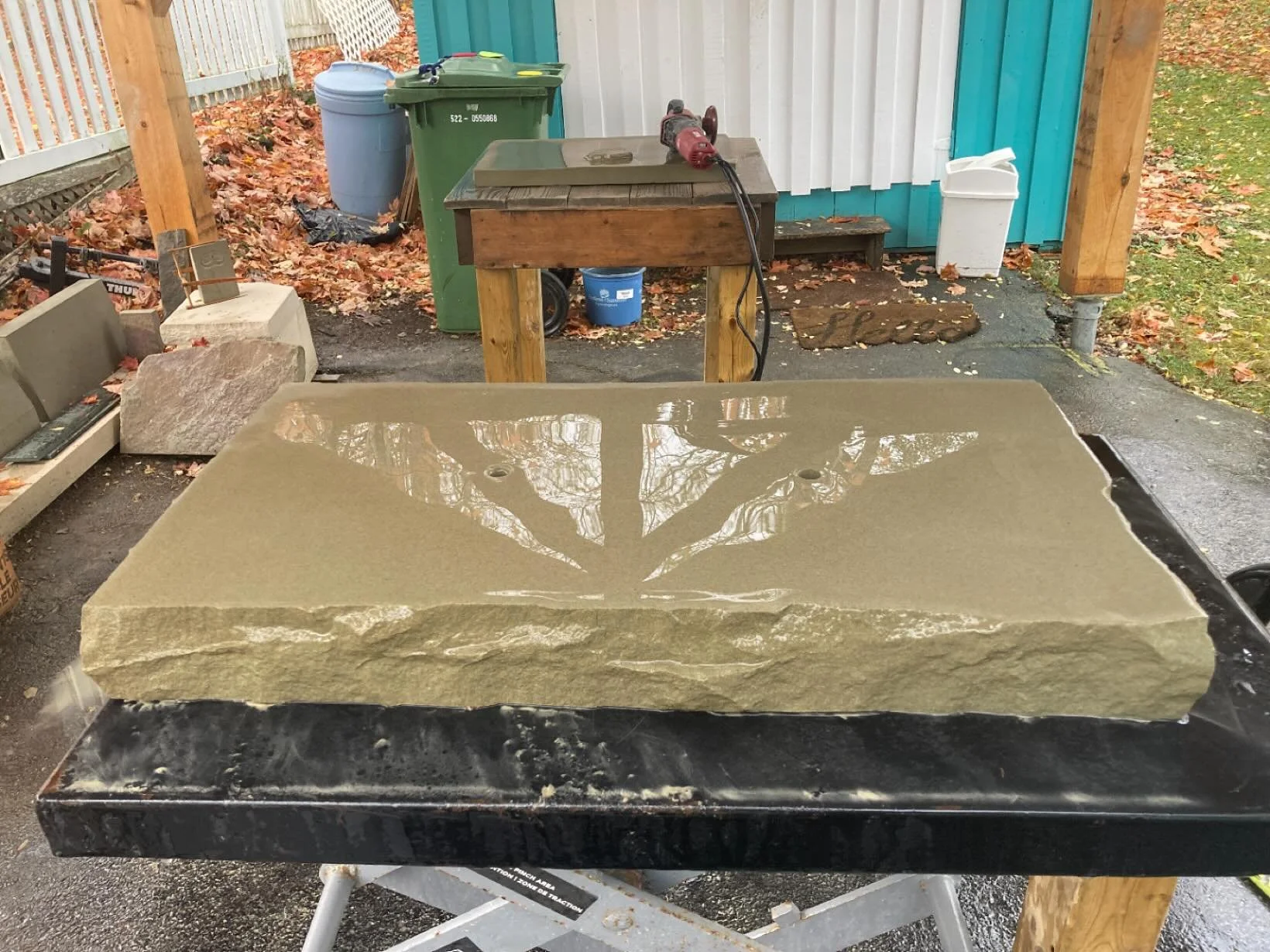 Getting ready for a headstone installation next week. Base stone polished - check! Now accepting commissions for Spring installation. #headstone #wallacequarries #sandstone #handcarved #wetpolished #traditionalmethods #stonecarver #bespokeheadstones