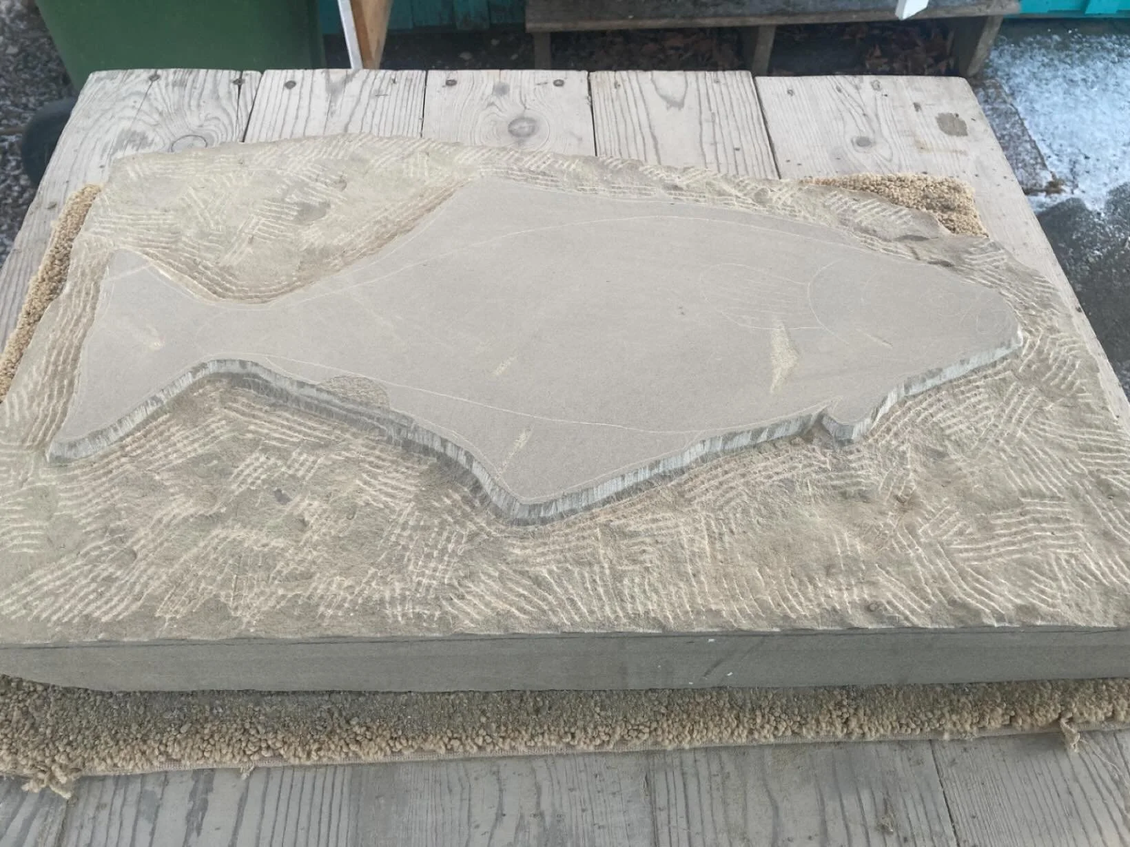 Went carving for halibut and caught the flu. Hope to get back to this soon. #handcarved #halibut #wallacequarries #sandstone #basrelief