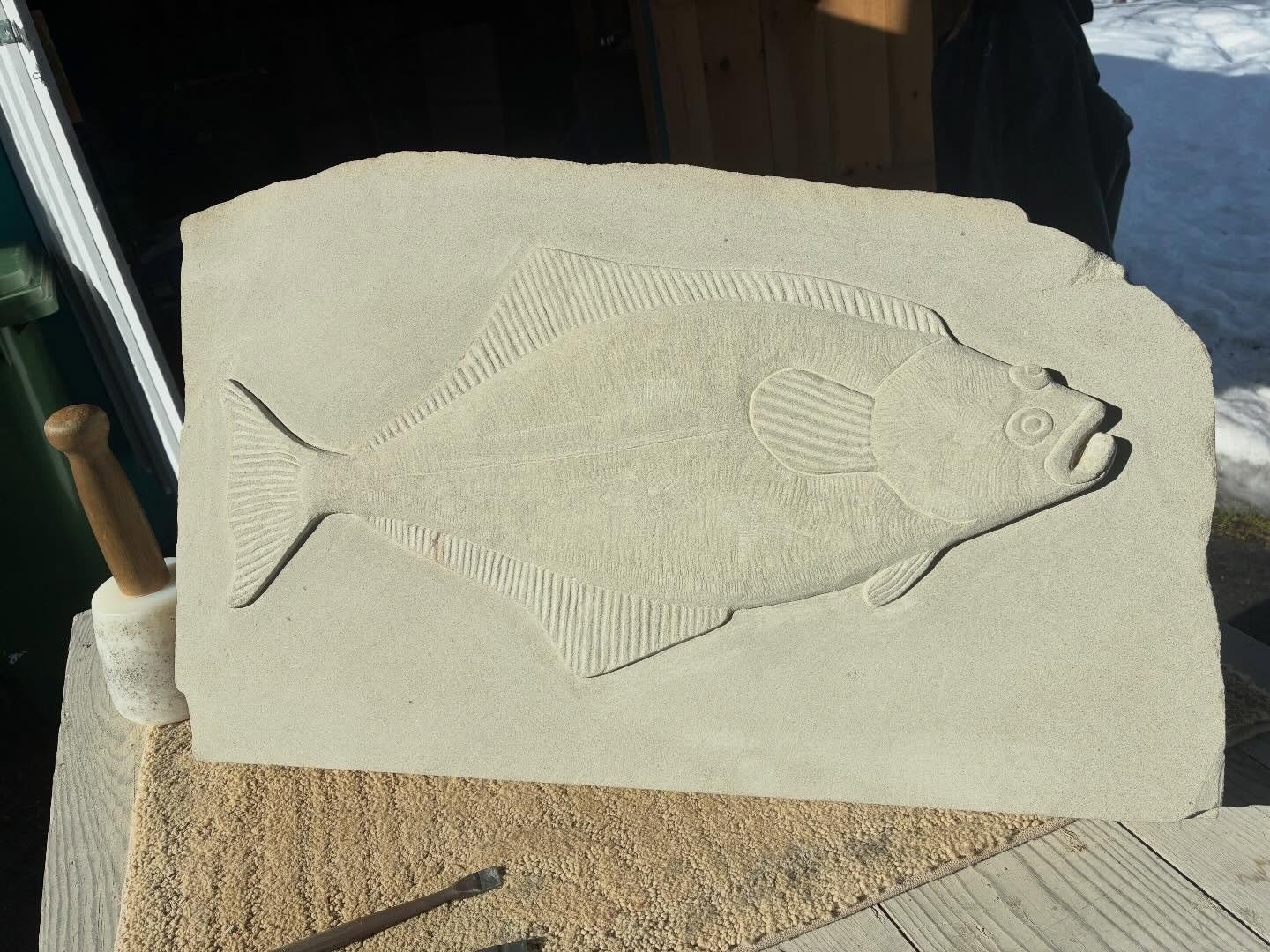 Finished? The first in what I plan to be a series of &ldquo;stone fish&rdquo; featuring species harvested locally. Will prepare a base for this piece so that it can be placed in a garden or in someone&rsquo;s home. #halibut #handcarved #stonecarving 