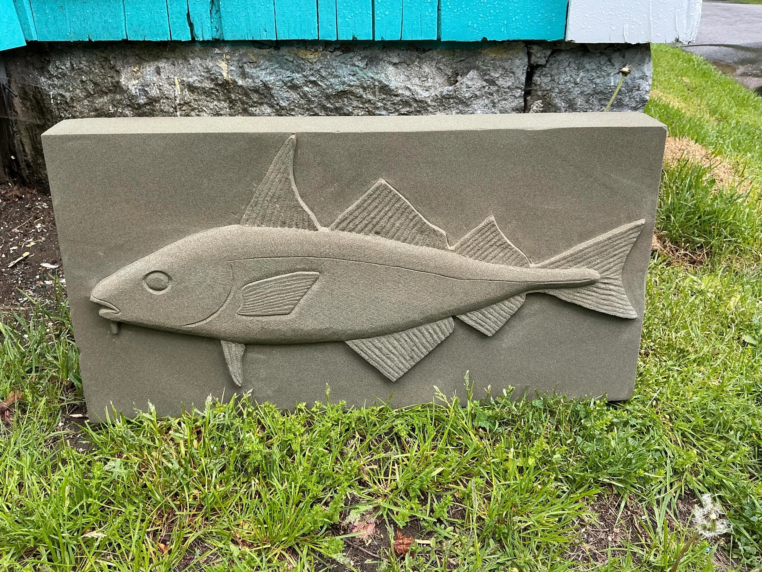 Just finished this hand carved stone haddock ready to decorate someone&rsquo;s home or yard without that fishy smell of fresh caught ornamental fish. #haddock #handcarved #basreliefsculpture #sandstone #stonecarving