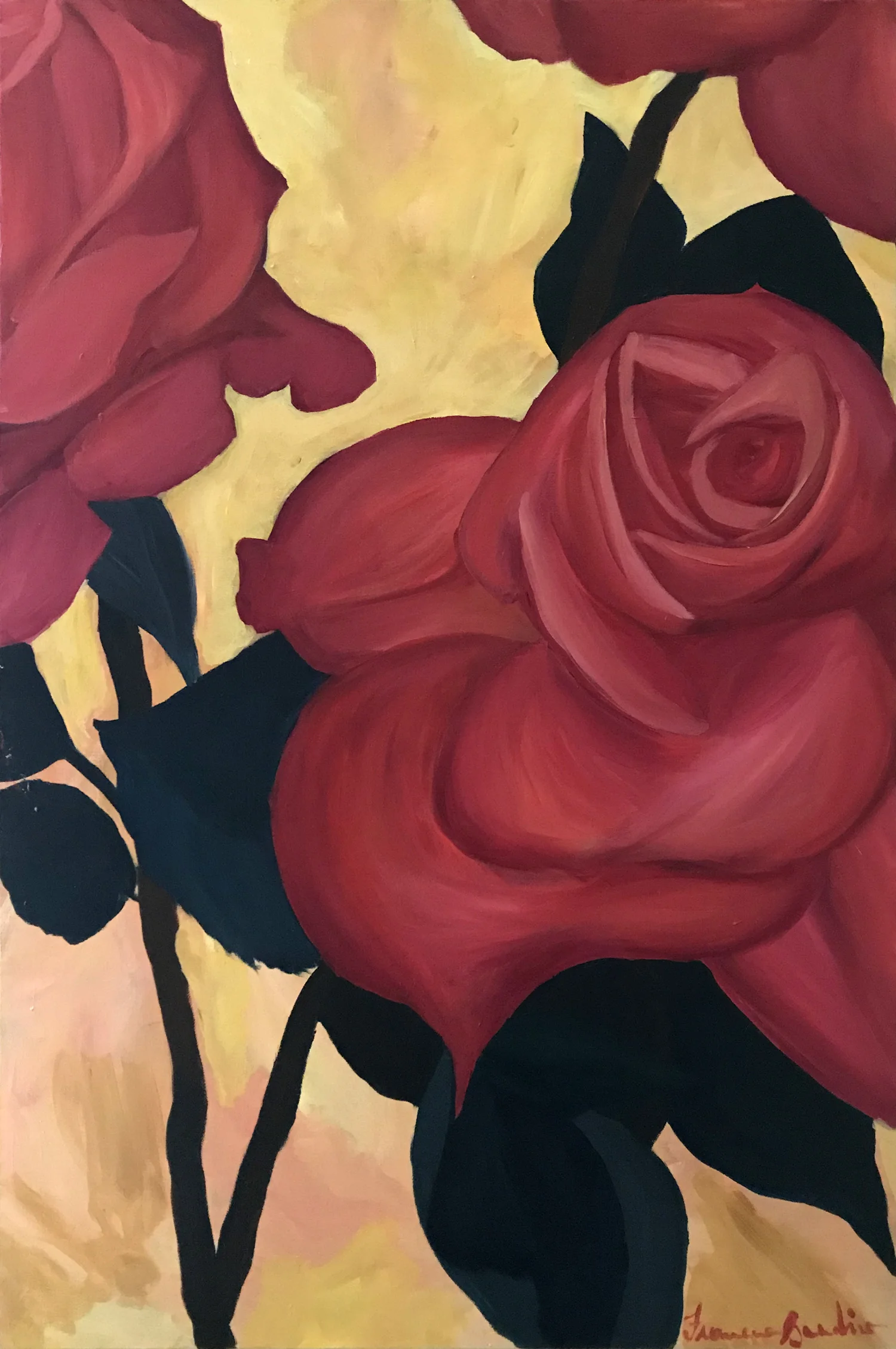 ©March 2018, Francesca Bandino, Roses in a Yellow Cloud . Acrylic on Stretched Canvas, 30x20x.8 inches
