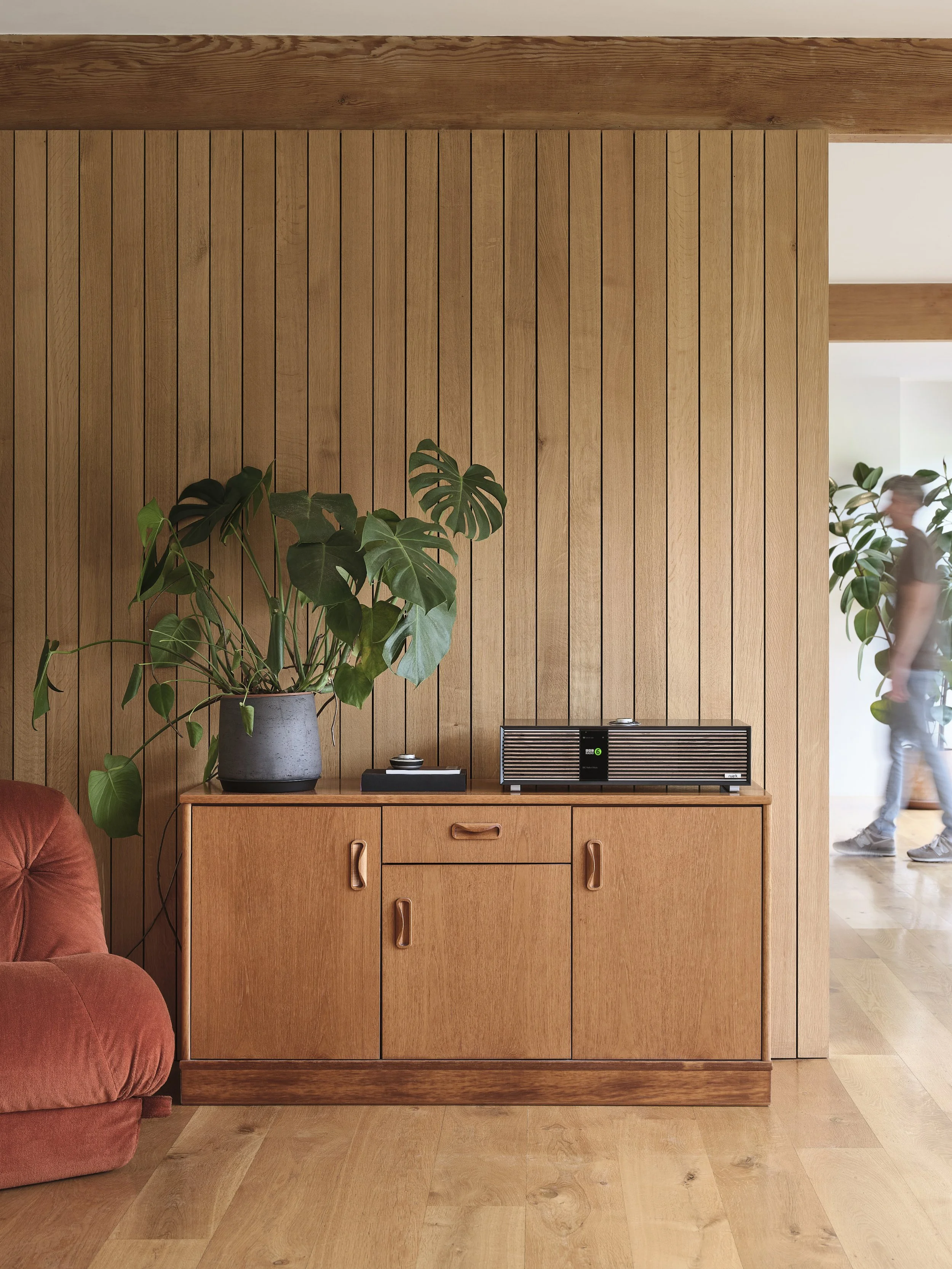 Wood-paneled wall with a wooden cabinet holding a large potted green plant, electronic device, and remote controls; part of an orange upholstered chair visible on the left; background shows a person walking past another plant in a bright room.