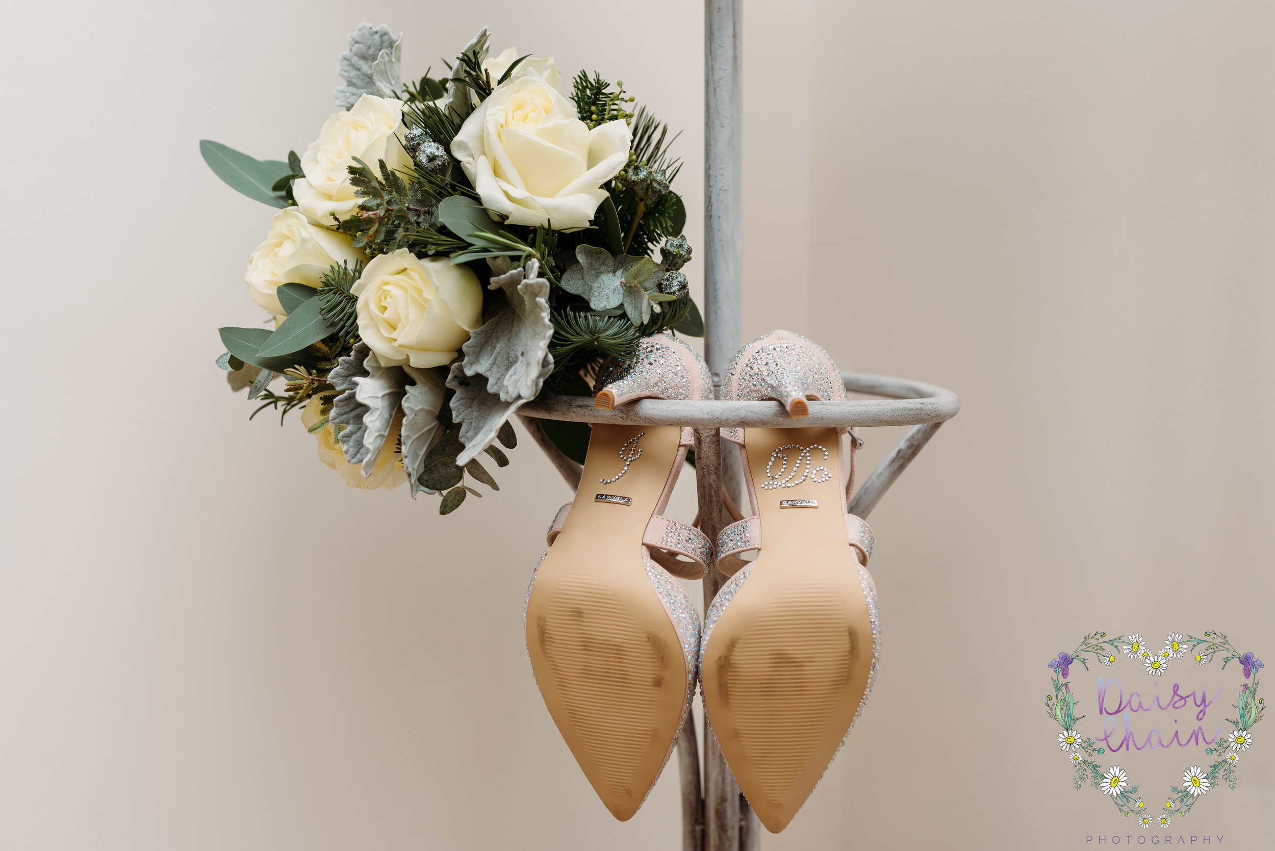 wedding shoes and wedding bouquet - lancashire