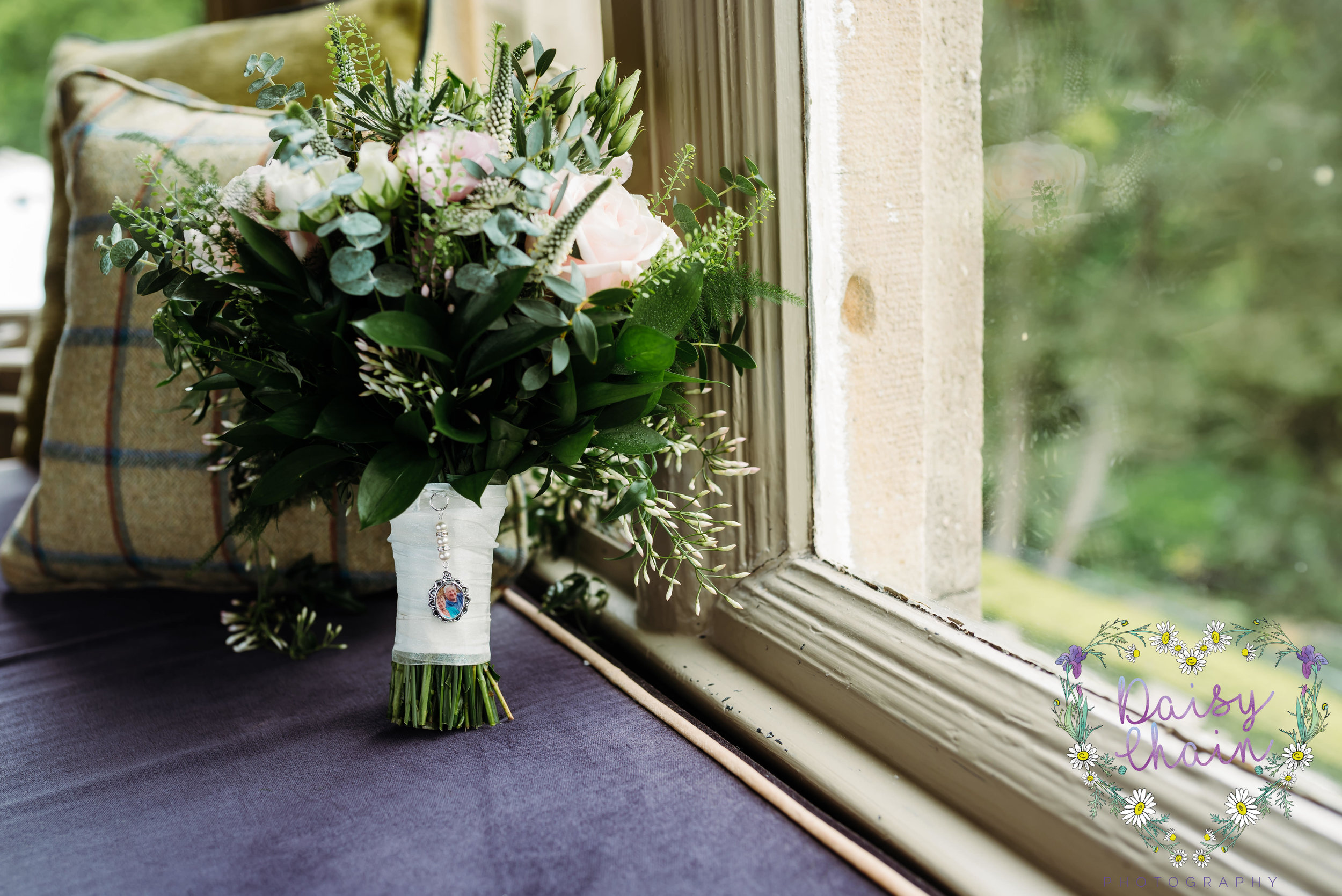 wedding bouquet in window