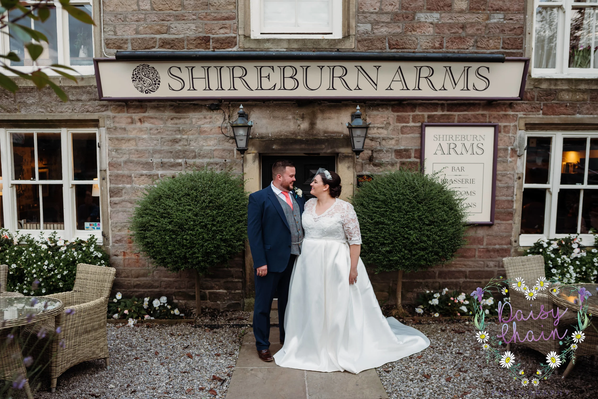 Bride and groom outside the Shireburn Arms