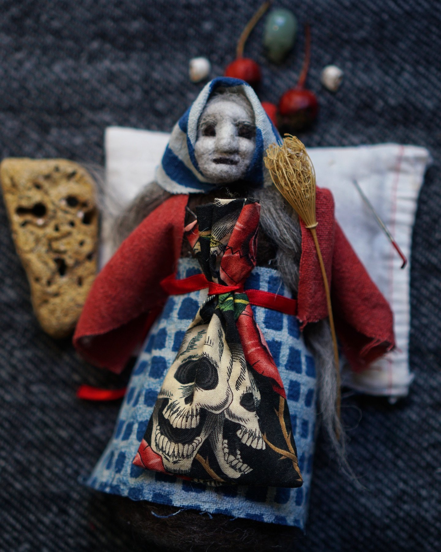 On my table today :: Baba Yaga doll preparing to journey to become a fierce protector of the outcast dead at @crossbonesgraveyard . 2 weeks ago a fire was lit at the gates, burning my doll and destroying the loving and magical votives and offerings t