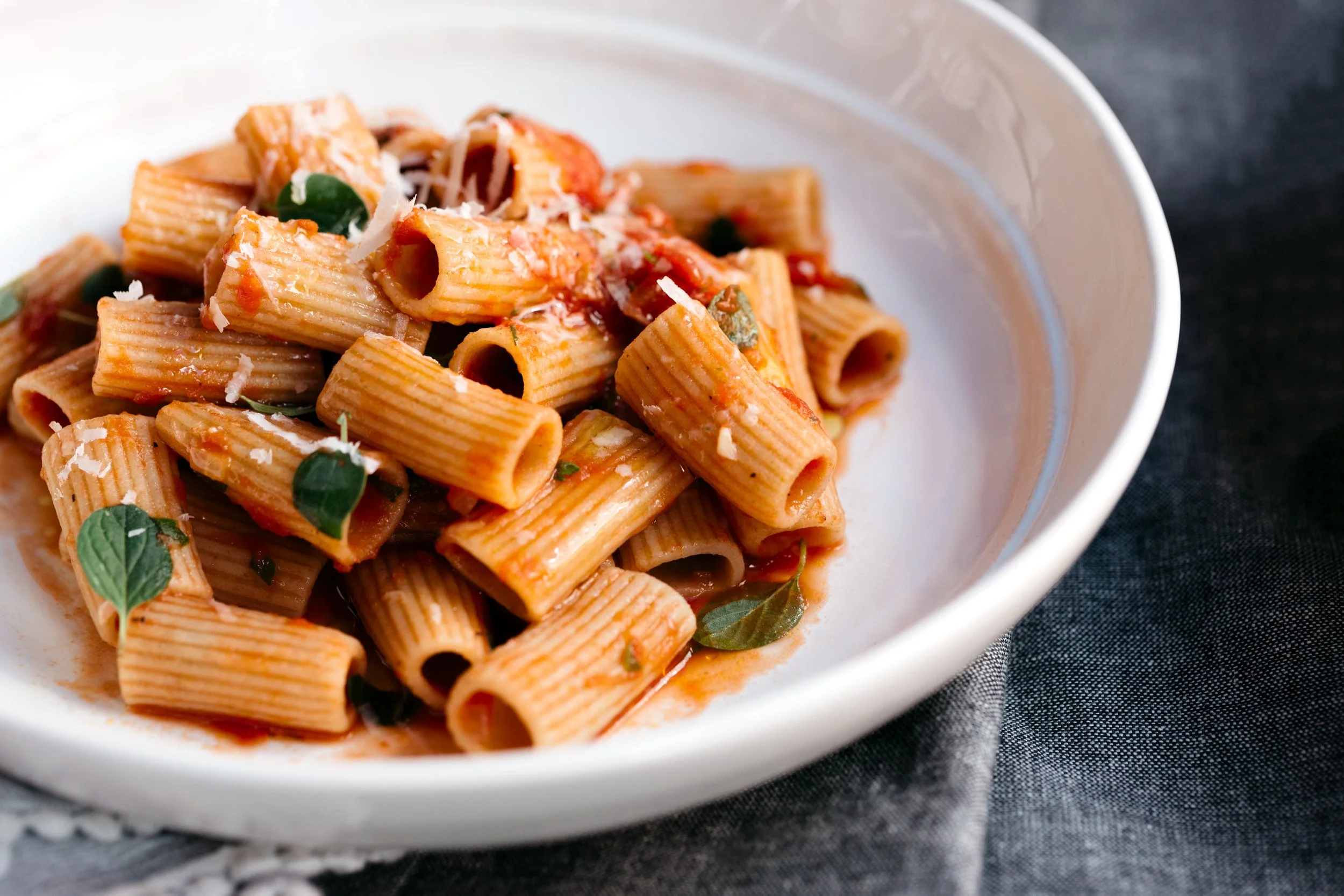 Heirloom wheat rigatoni with simple pomodoro and fresh herbs sauce