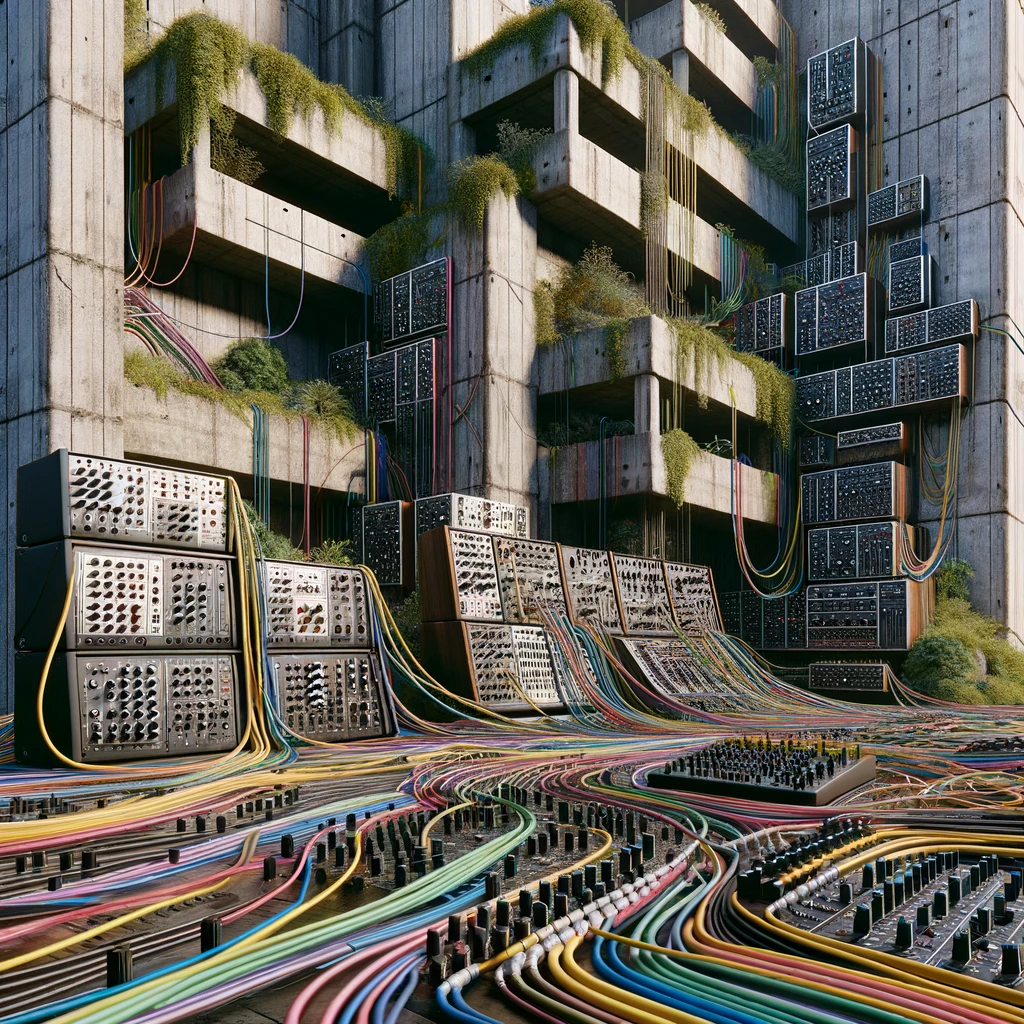 DALL·E 2023-11-10 22.53.41 - A high-definition, artistic image that blends brutalist architecture with infrastructure wiring, organic elements, and modular synthesizers. The compo.png
