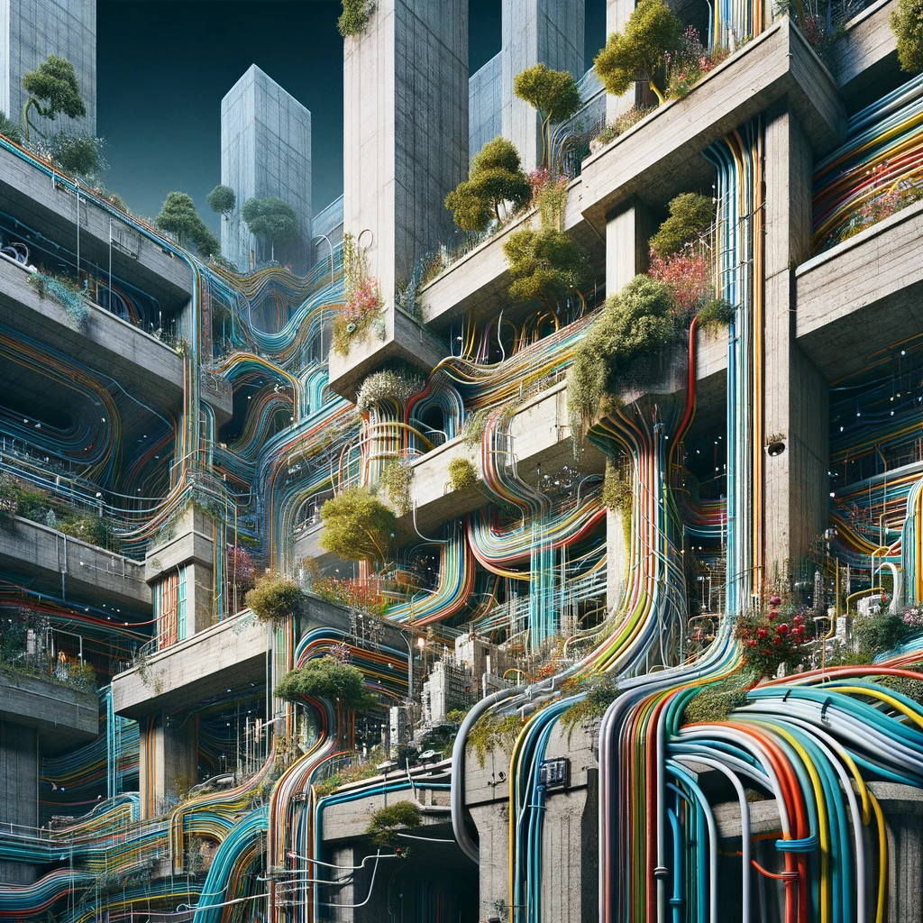 DALL·E 2023-11-10 22.36.27 - A surreal and intricate image blending brutalist architecture with infrastructure wiring and organics. Imagine massive, stark concrete structures typi.png