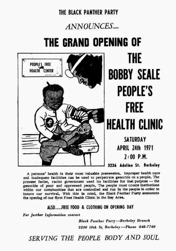 Poster for free health clinic held by the Black Panther Party. Photo: Black Panther Party Survival Programs.
