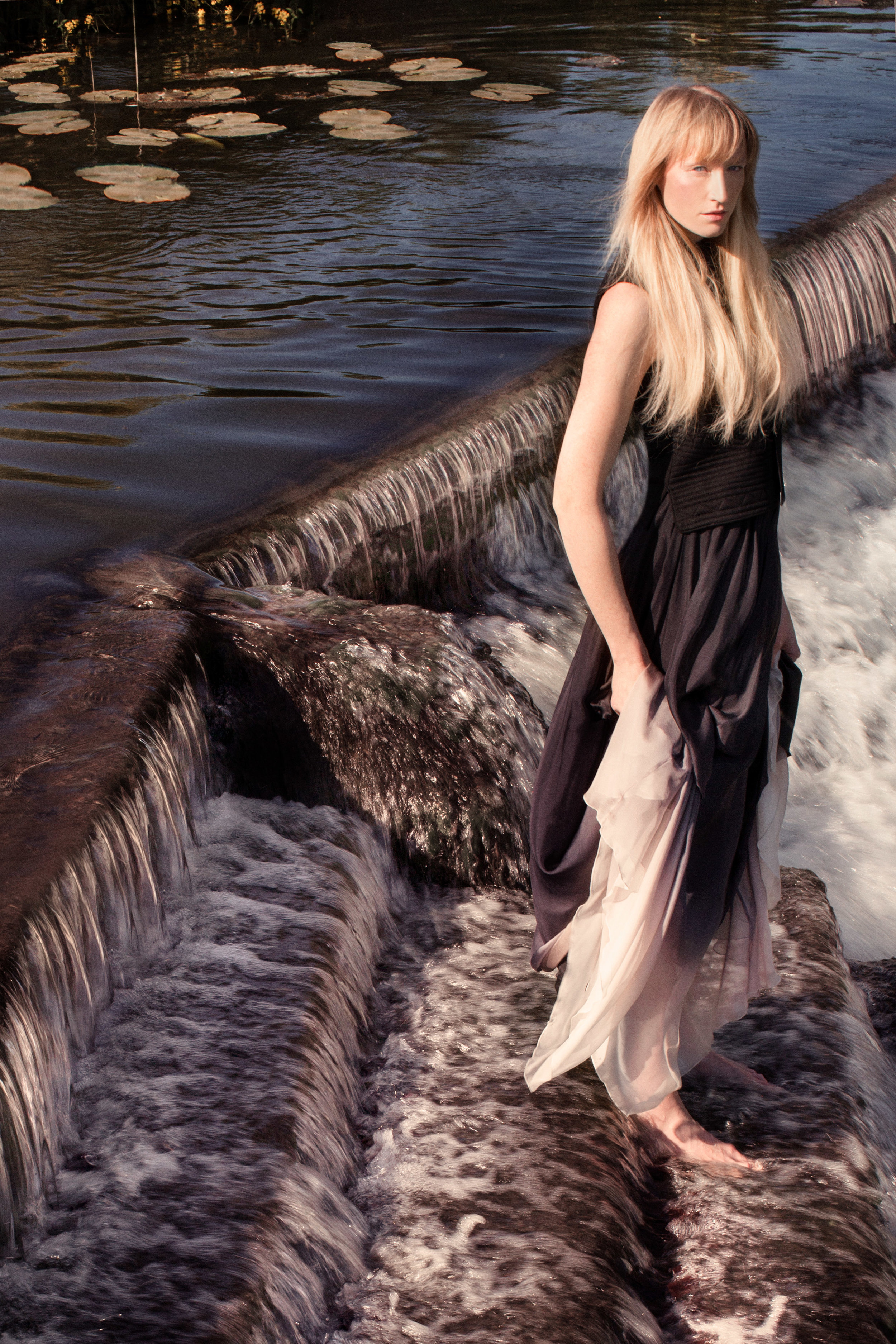 Black felt waistcoat: Vilshenko / Silk chiffon dip-dye skirt: Jenny Packham