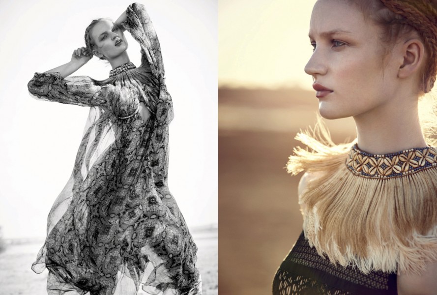 Left | Print chiffon dress: Zimmermann / Beaded fringed neck-piece: Pebble London Right | Crochet dress: Elie Saab / Beaded fringed neck-piece: Pebble London (as before)